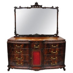 Chinese Chippendale Flame Mahogany Triple Dresser Chest & Mirror Detroit Furn