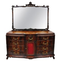 Used Chinese Chippendale Flame Mahogany Triple Dresser Chest & Mirror Detroit Furn