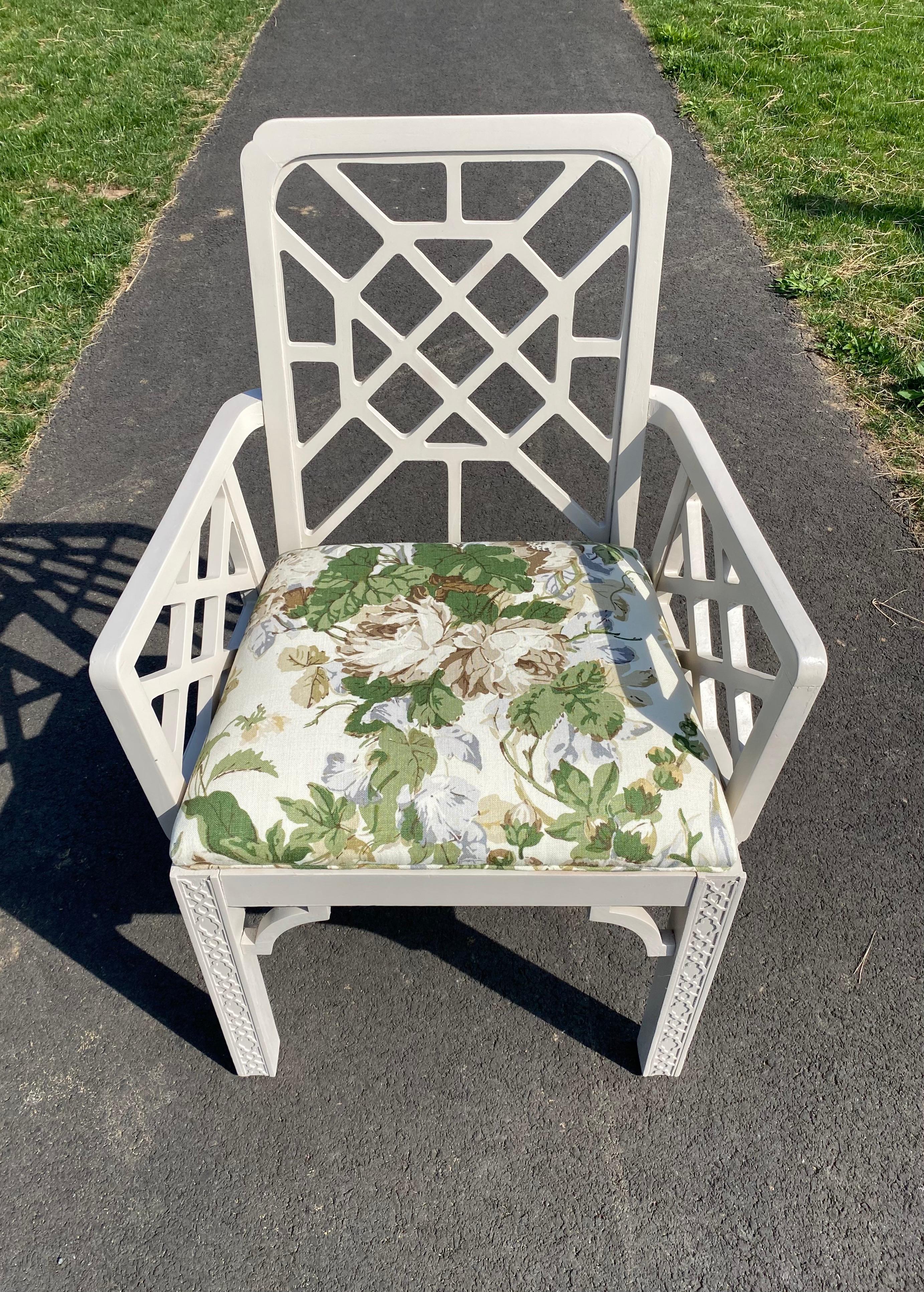 Upholstery Hollywood Regency Fretwork Arm Chair with Parish Hadley Botanical Floral Fabric