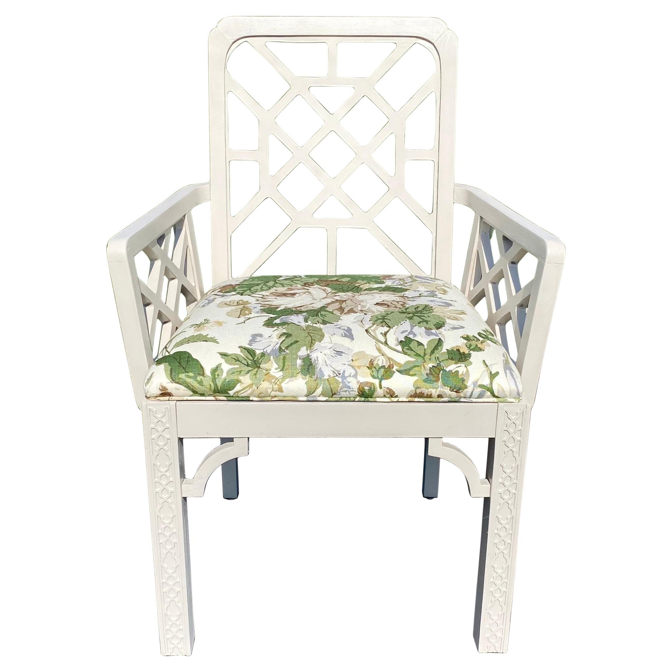 Hollywood Regency Fretwork Arm Chair with Parish Hadley Botanical Floral Fabric