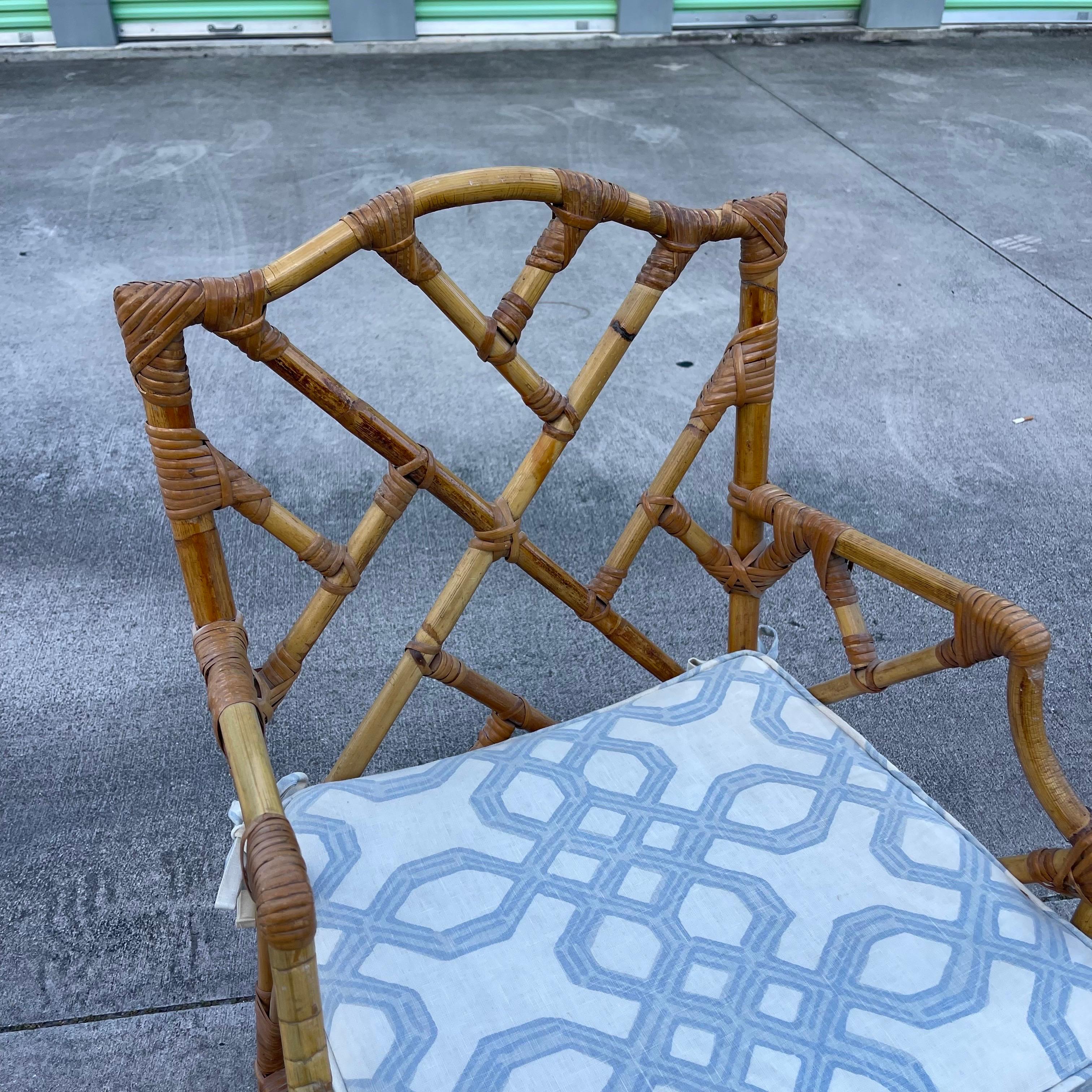 Chinese Chippendale Fretwork Bamboo Armchair Desk Chair with Cushion For Sale 1