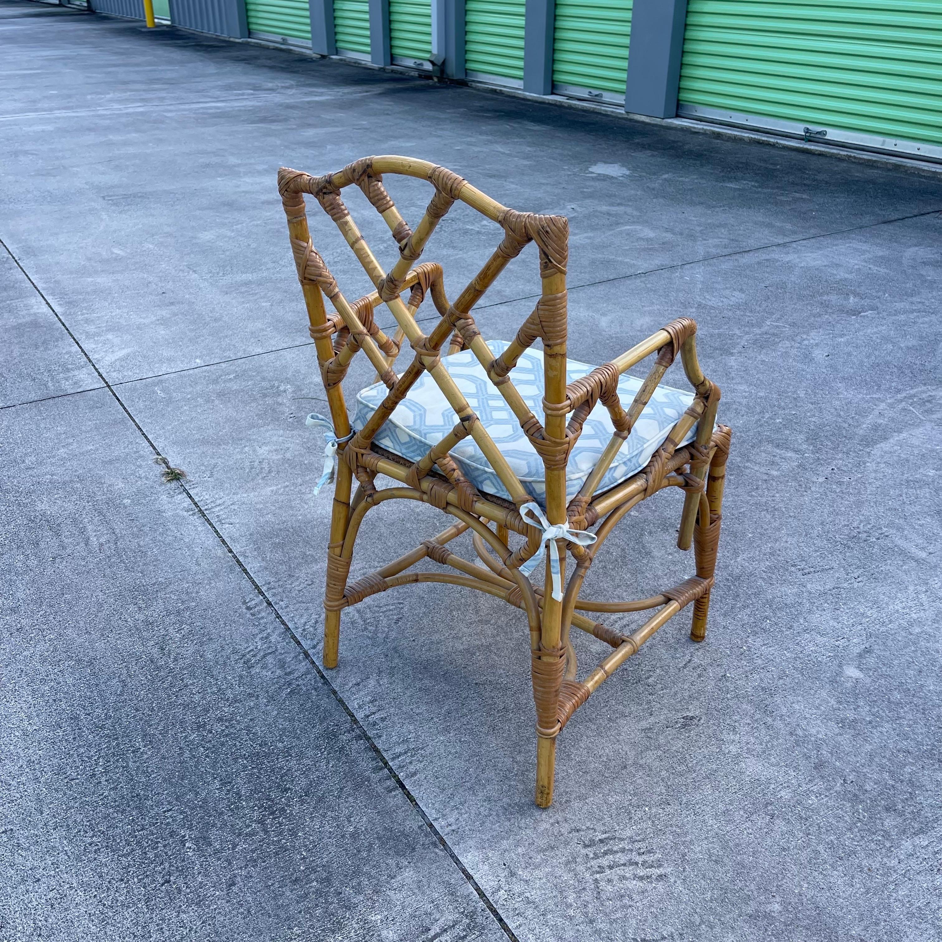 Chinese Chippendale Fretwork Bamboo Armchair Desk Chair with Cushion For Sale 2