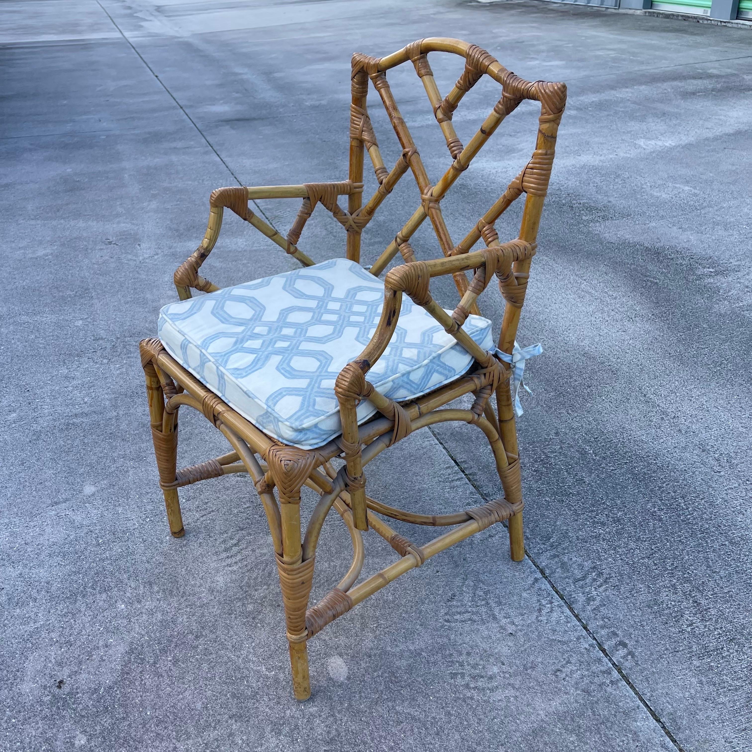 Chinese Chippendale Fretwork Bamboo Armchair Desk Chair with Cushion For Sale 3