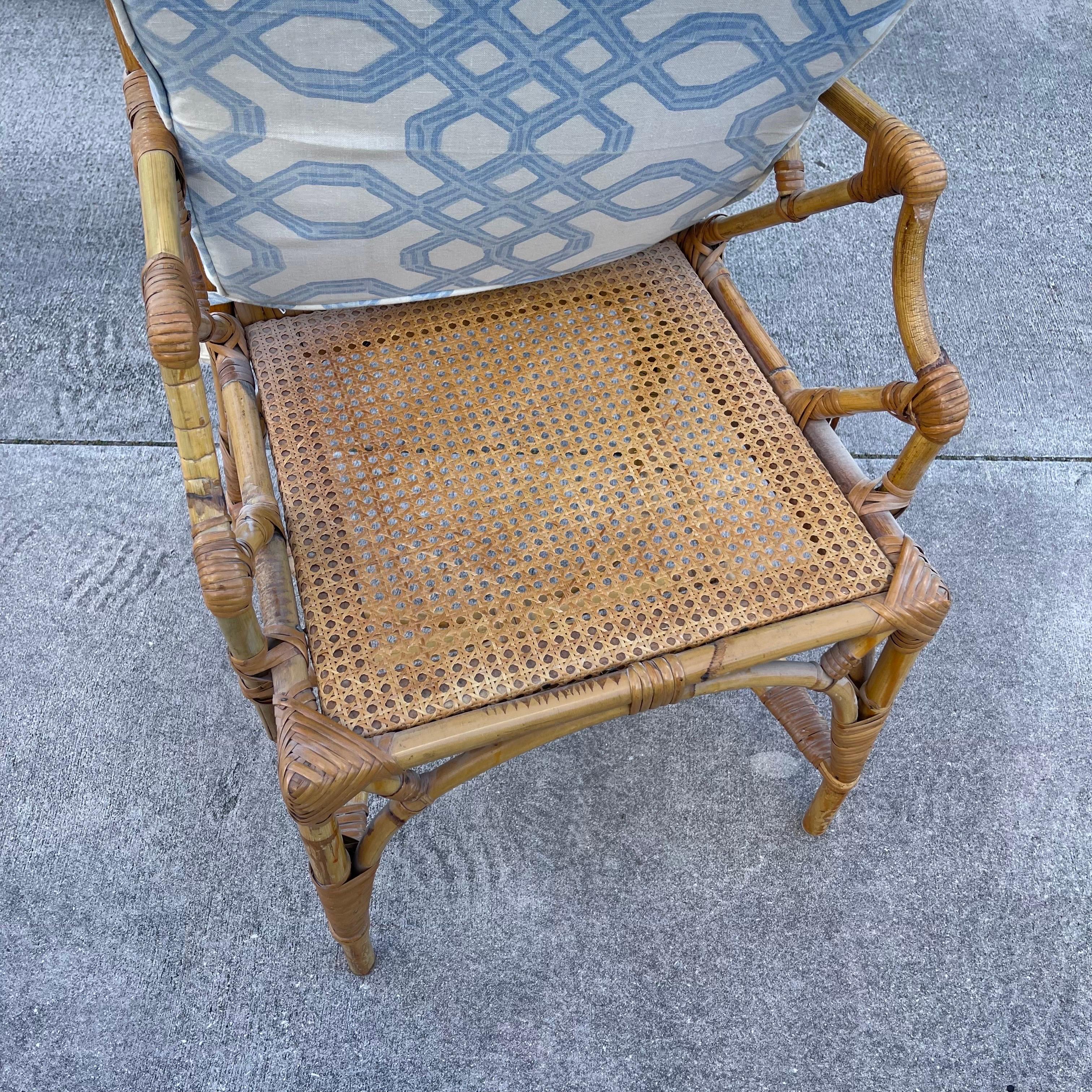 Chinese Chippendale Fretwork Bamboo Armchair Desk Chair with Cushion For Sale 4
