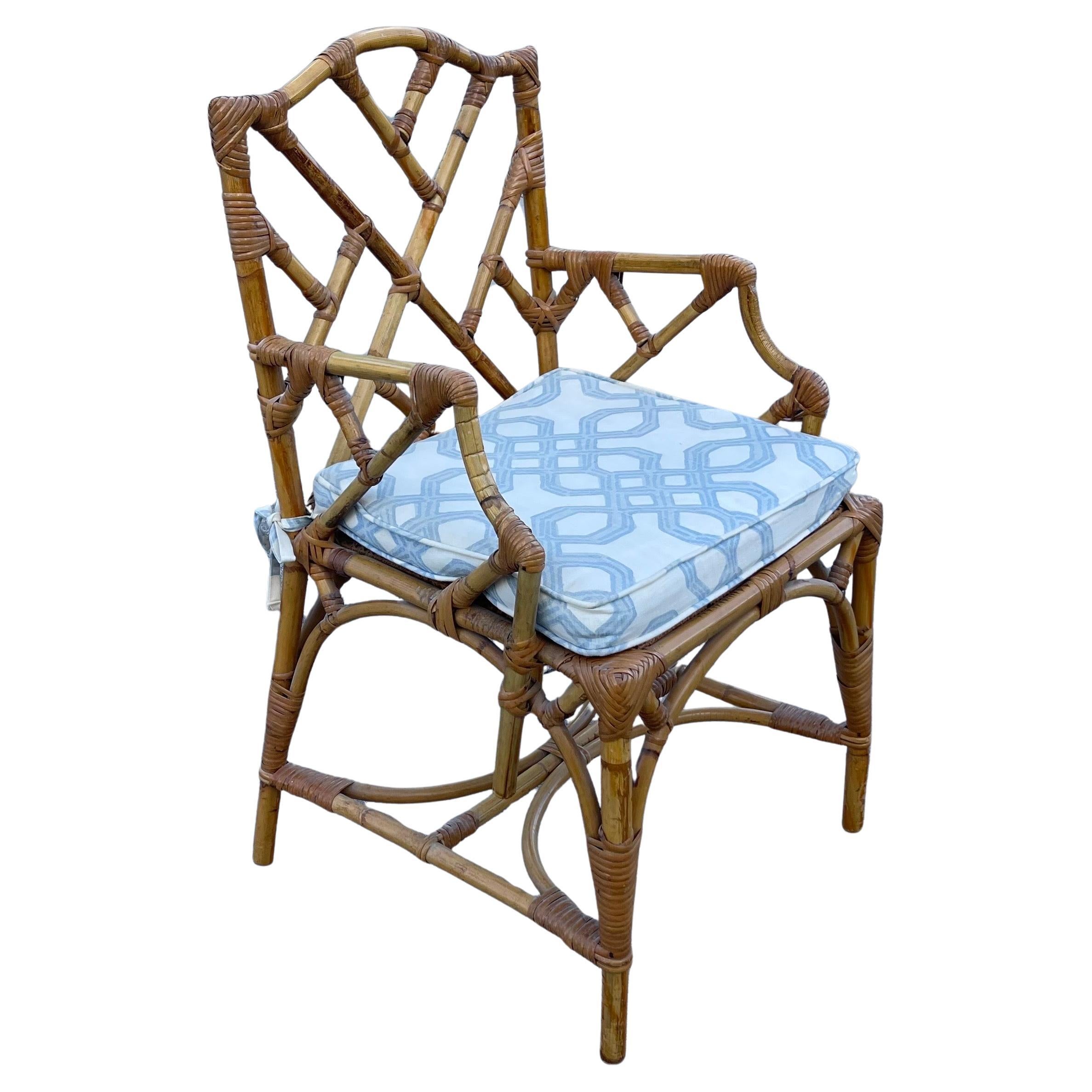 Chinese Chippendale Fretwork Bamboo Armchair Desk Chair with Cushion For Sale