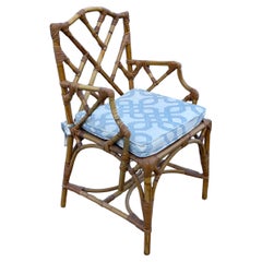 Chinese Chippendale Fretwork Bamboo Armchair Desk Chair with Cushion
