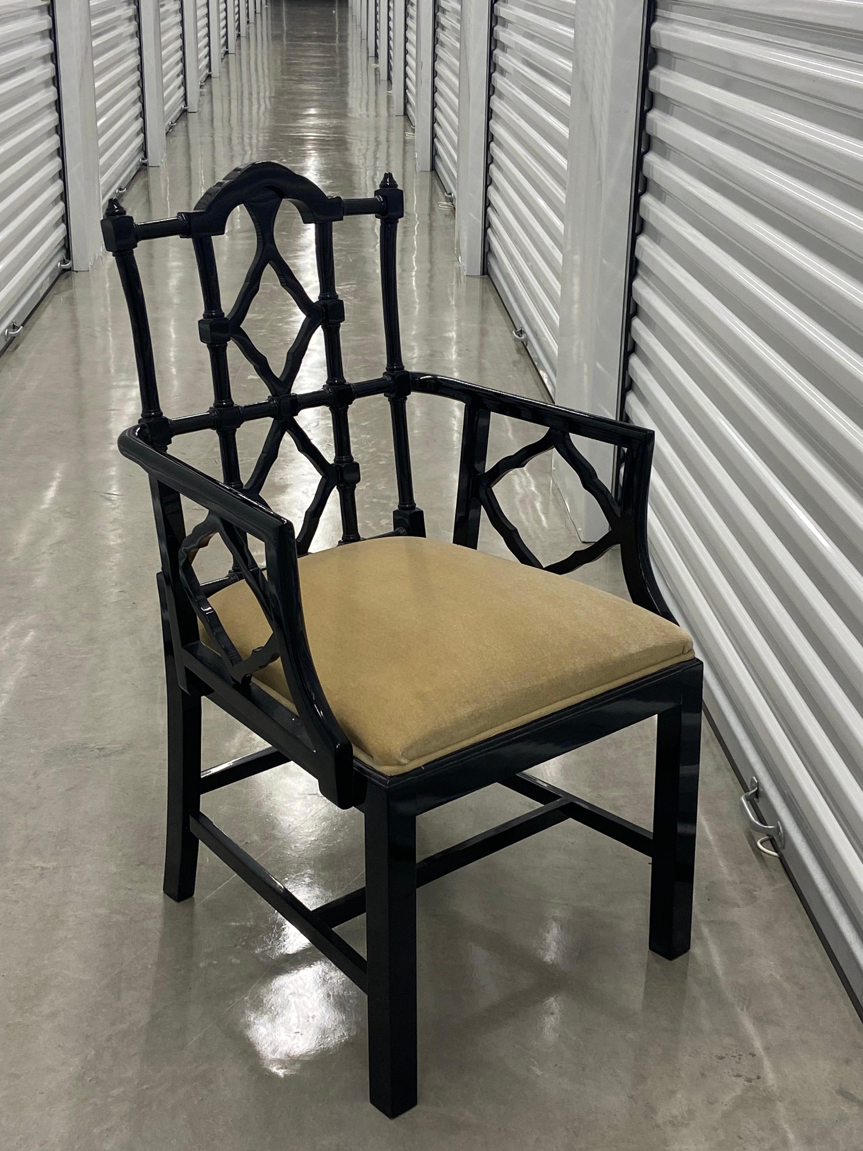 Set a four Chinese Chippendale dining chairs fretwork backs. Made in Spain by Mico y Estelle. Very well made sturdy chairs fabric in very good condition.