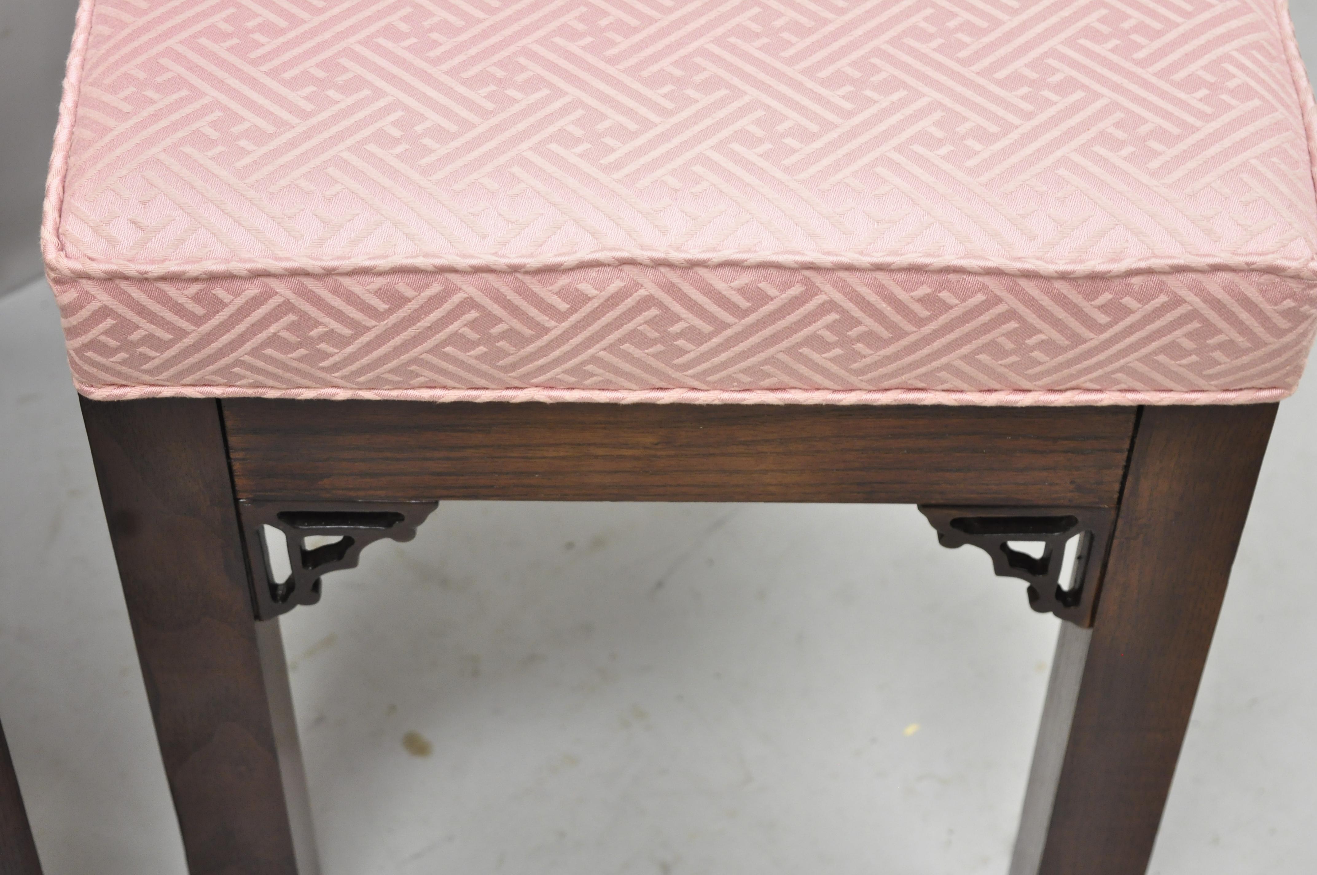 20th Century Chinese Chippendale Fretwork Square Pink Upholstered Stools Ottoman, a Pair