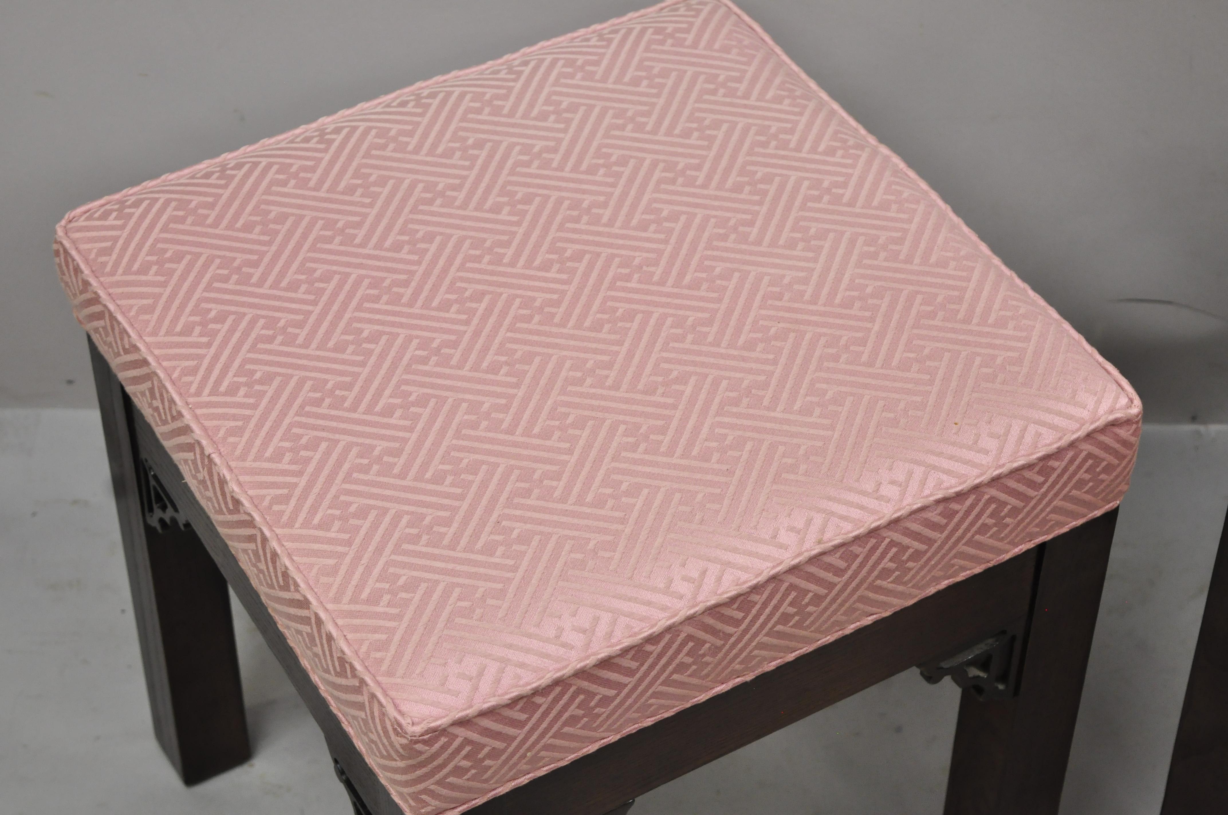 Fabric Chinese Chippendale Fretwork Square Pink Upholstered Stools Ottoman, a Pair