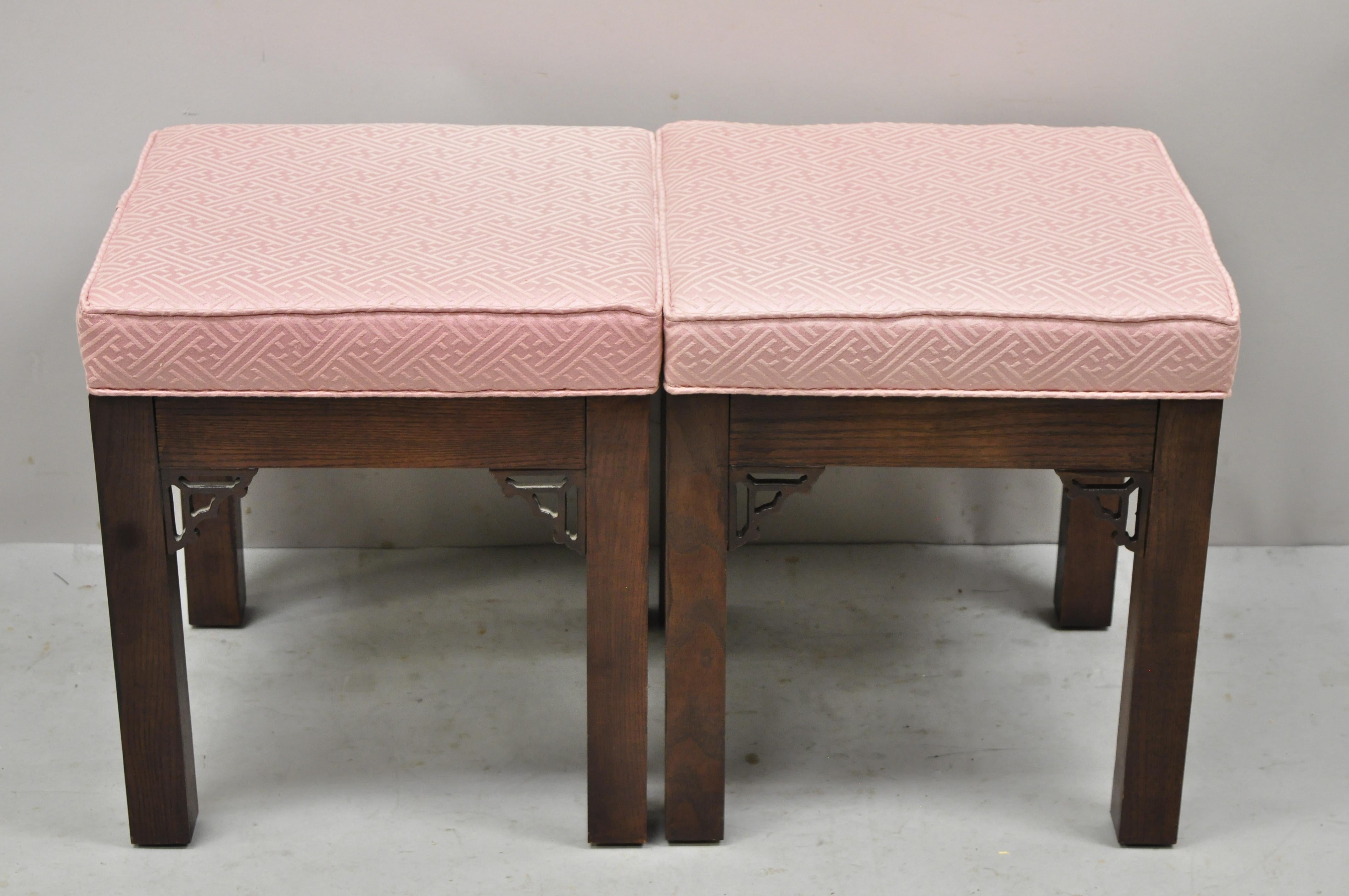 Chinese Chippendale Fretwork Square Pink Upholstered Stools Ottoman, a Pair 2