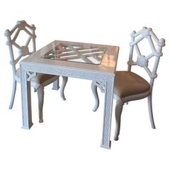 Chinese Chippendale Game Table & 4 Rope Side Dining Chairs
