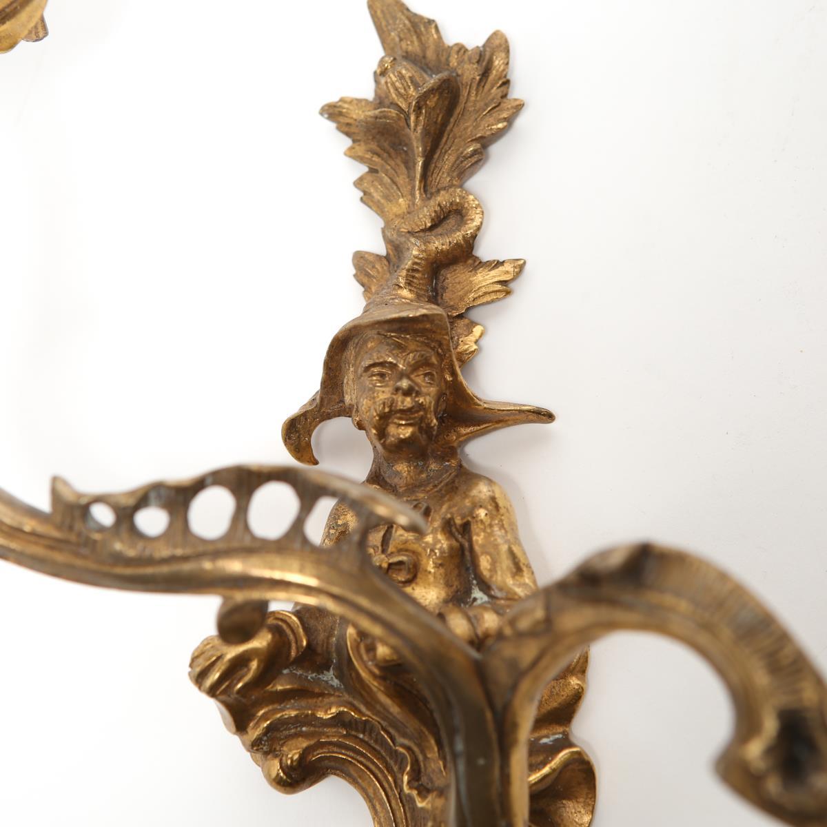 Chinese Chippendale Gilt Bronze Figural Wall Sconces In Good Condition In New York, NY