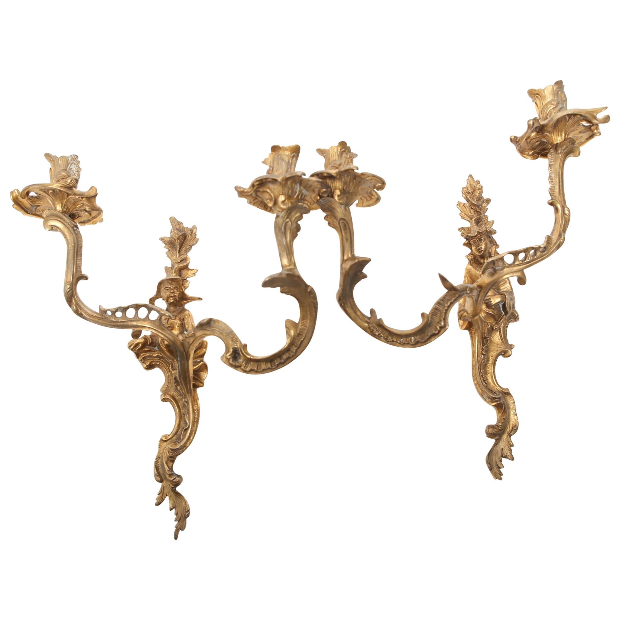 Chinese Chippendale Gilt Bronze Figural Wall Sconces