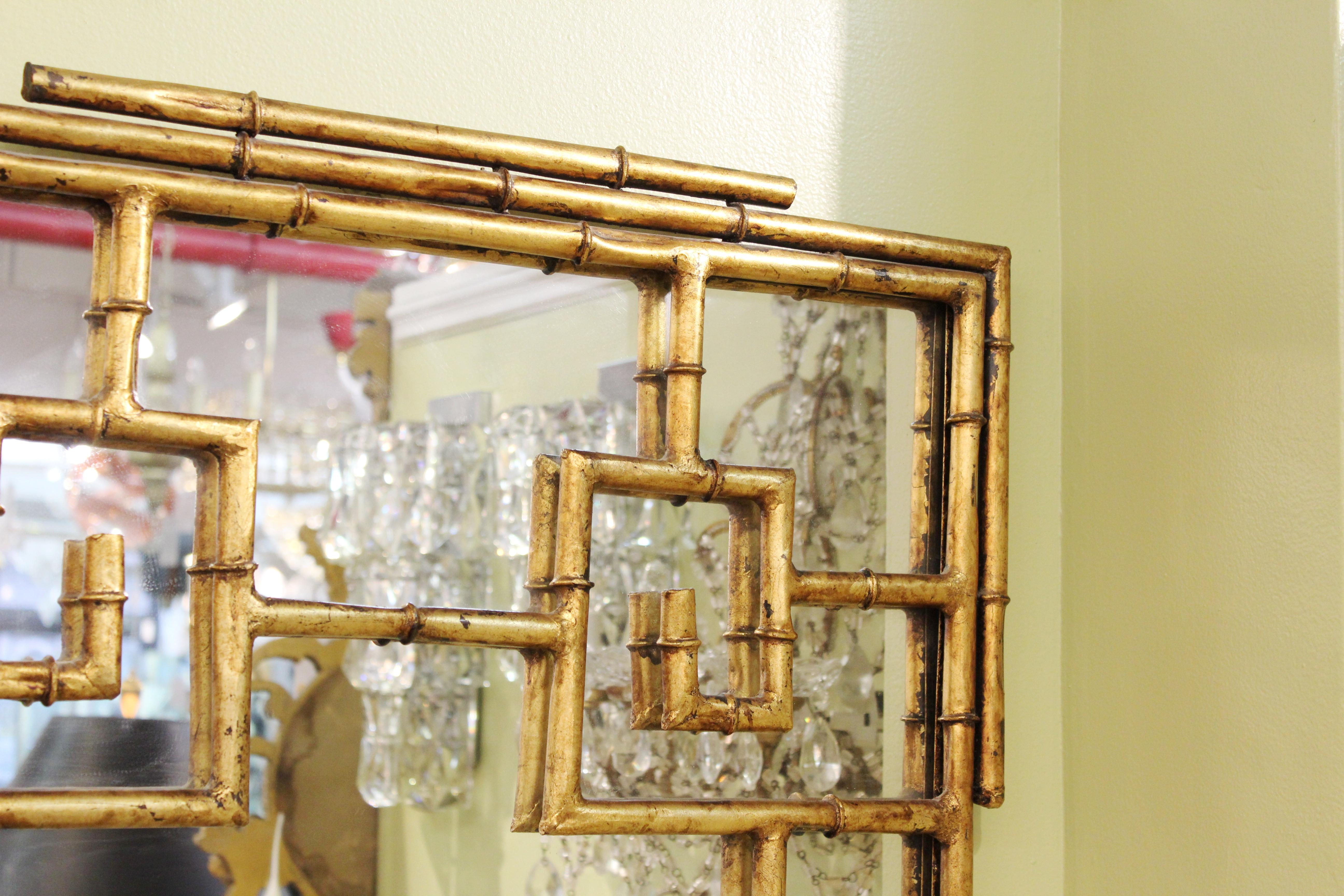 American Chinese Chippendale Gilt Metal Faux Bamboo Wall Mirror