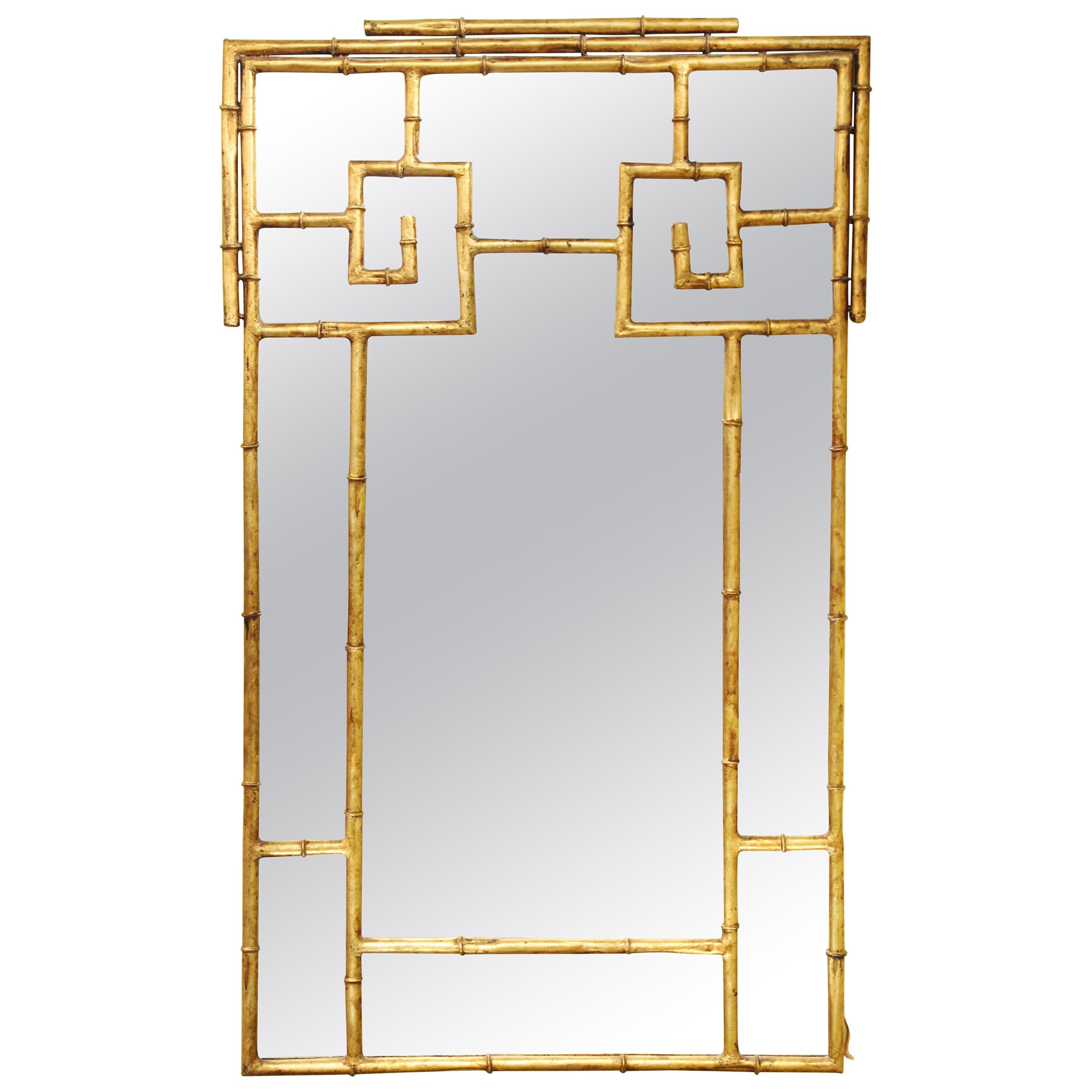 Chinese Chippendale Gilt Metal Faux Bamboo Wall Mirror