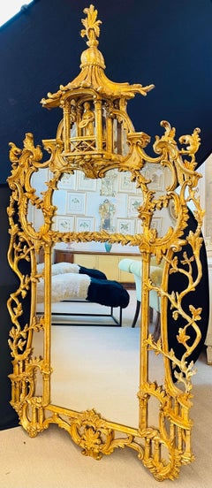 Chinese Chippendale Gilt Wood Wall or Console Mirror, Monumental
