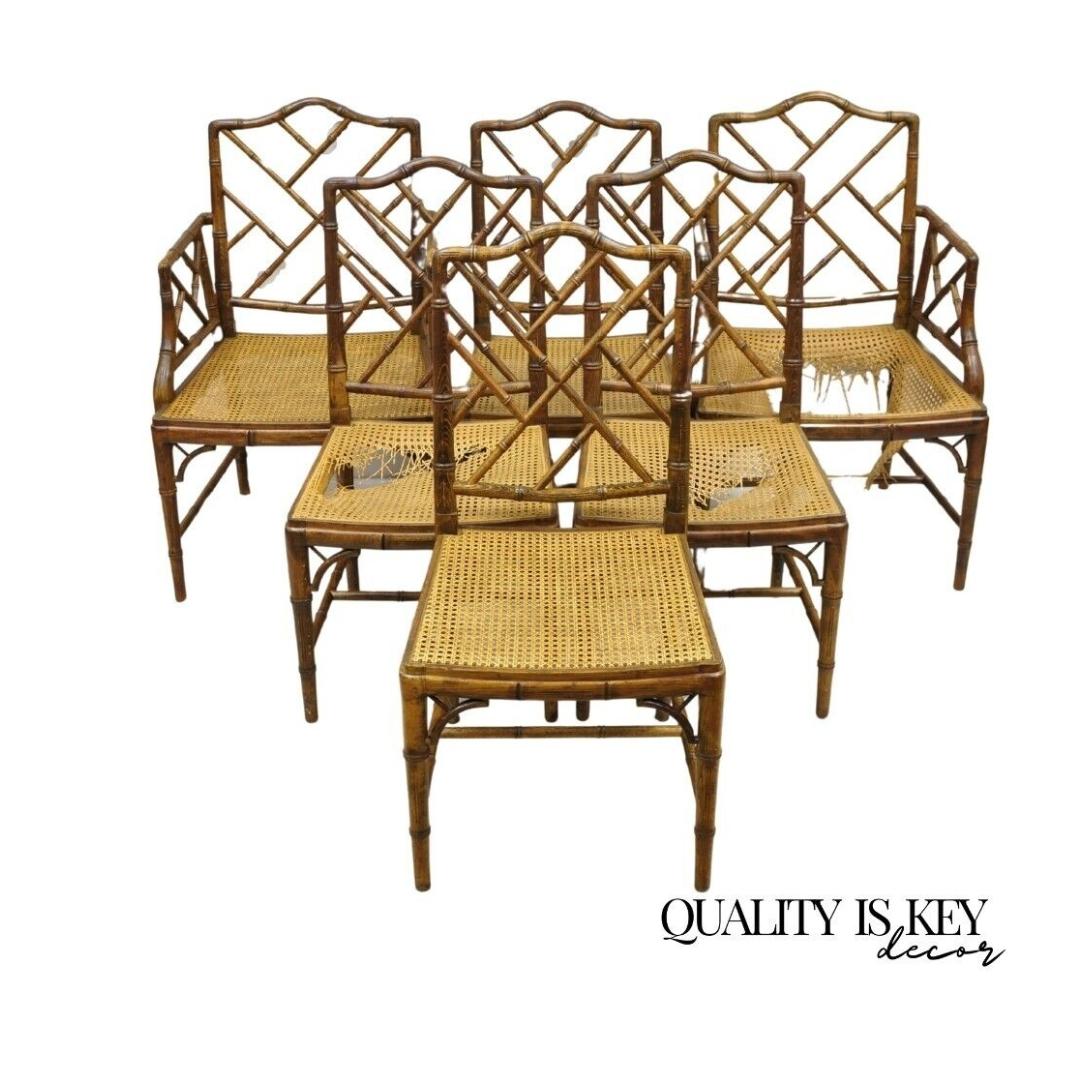 Chinese Chippendale Hollywood Regency Faux Bamboo Cane Dining Chairs - Set of 6 For Sale 7