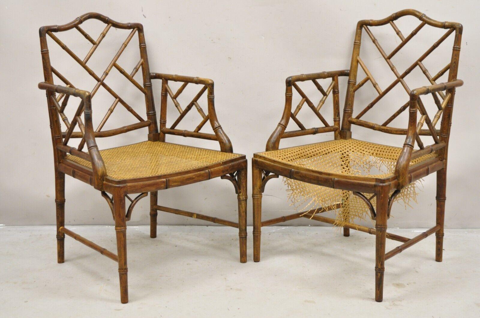 Chinese Chippendale Hollywood Regency Faux Bamboo Cane Dining Chairs - Set of 6 In Good Condition For Sale In Philadelphia, PA