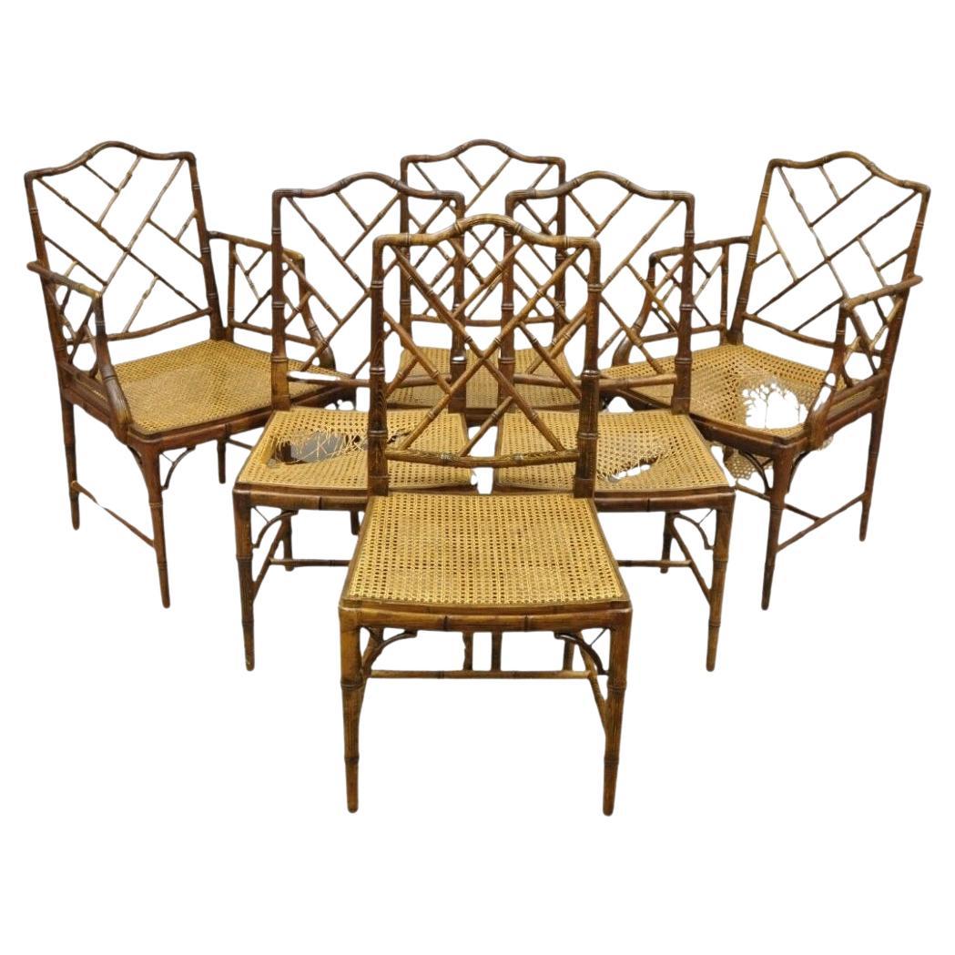 Chinese Chippendale Hollywood Regency Faux Bamboo Cane Dining Chairs - Set of 6 For Sale