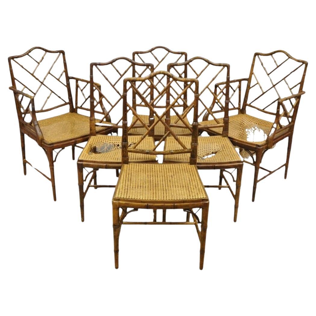 Chinese Chippendale Hollywood Regency Faux Bamboo Cane Dining Chairs - Set of 6