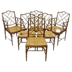 Vintage Chinese Chippendale Hollywood Regency Faux Bamboo Cane Dining Chairs - Set of 6