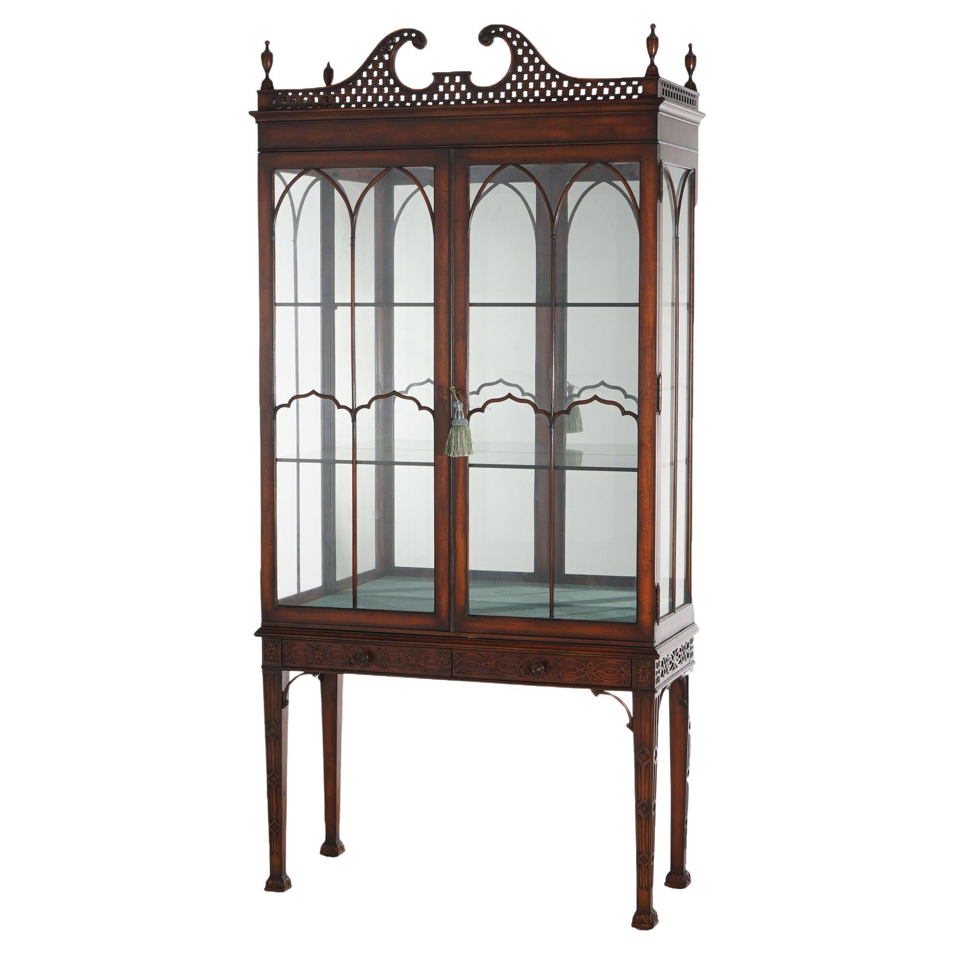 Chinese Chippendale Mahogany China Cabinet with Reticulated Crest 20thC