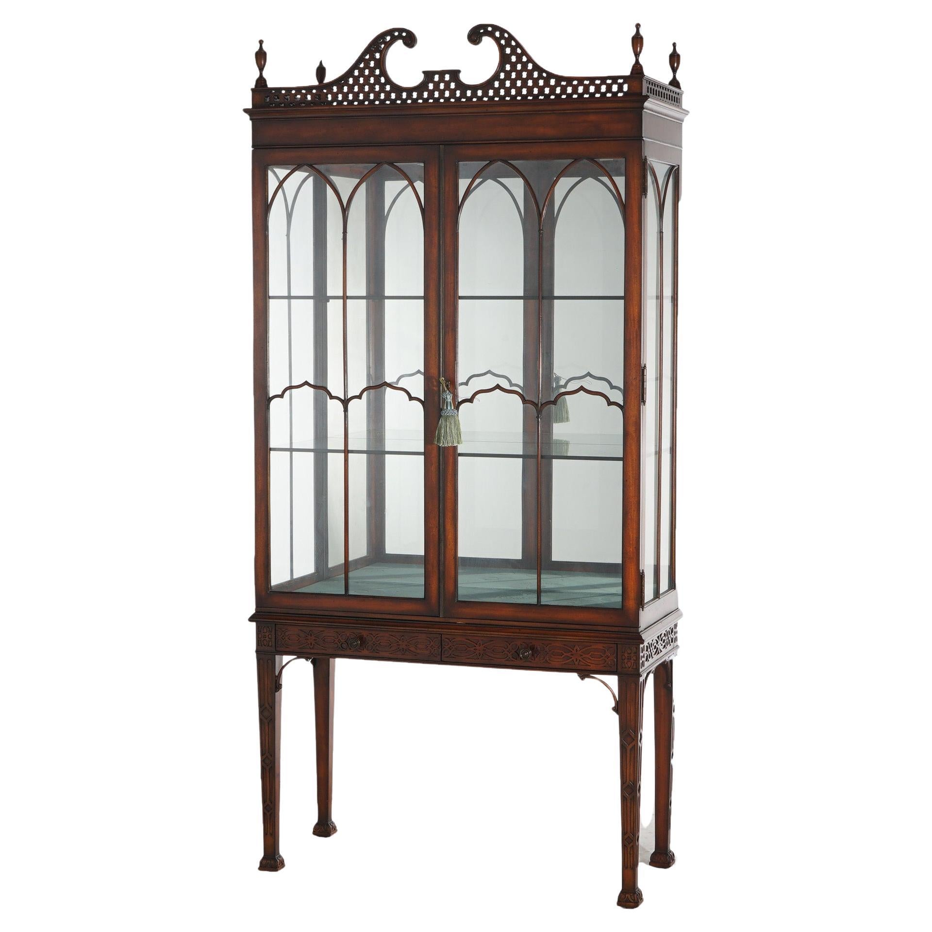 Chinese Chippendale Mahogany China Cabinet with Reticulated Crest 20thC