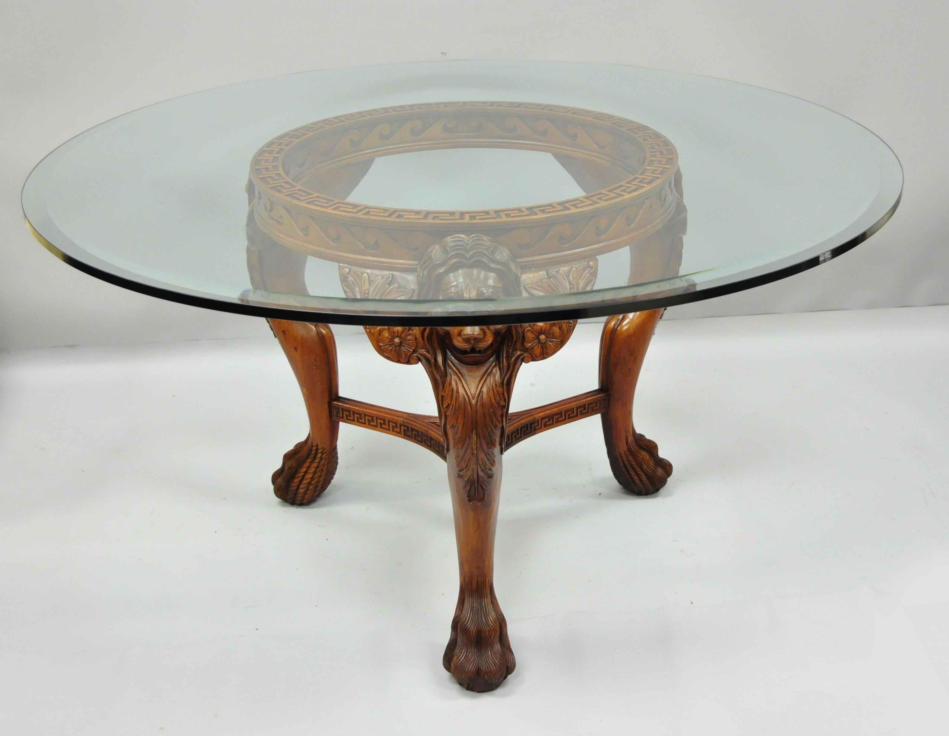 Chinese Chippendale Mahogany Lion Head Claw Feet Pedestal Dining Table Glass Top 3