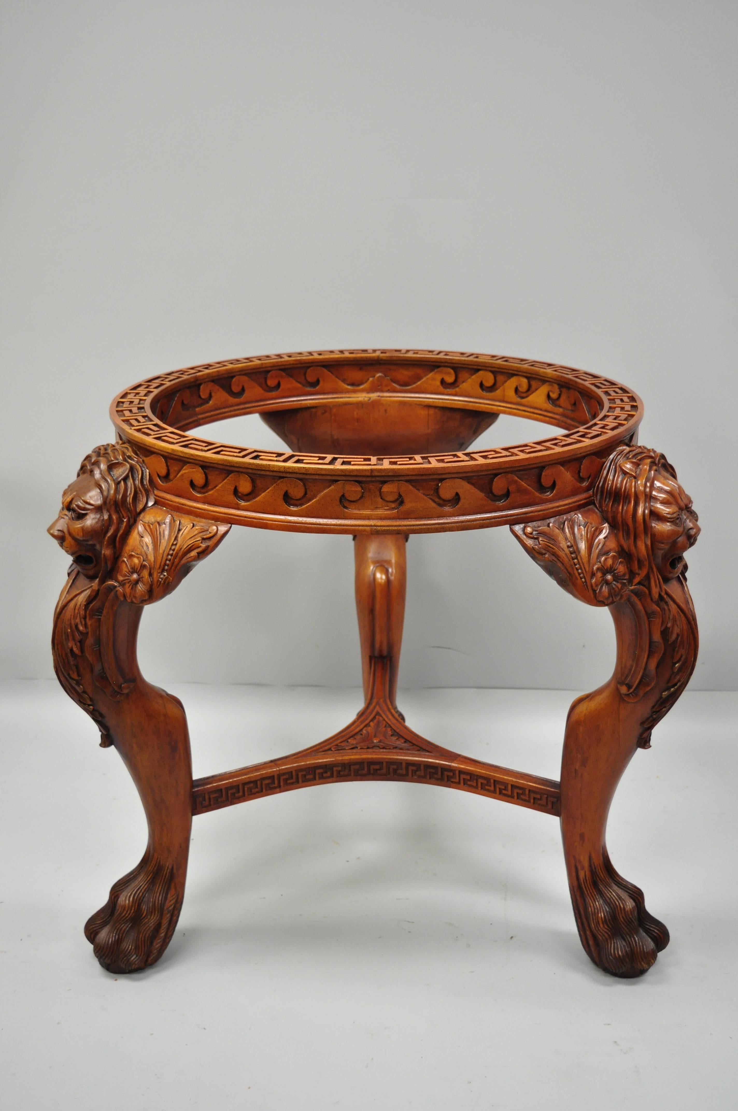 Chinese Chippendale Mahogany Lion Head Claw Feet Pedestal Dining Table Glass Top In Good Condition In Philadelphia, PA