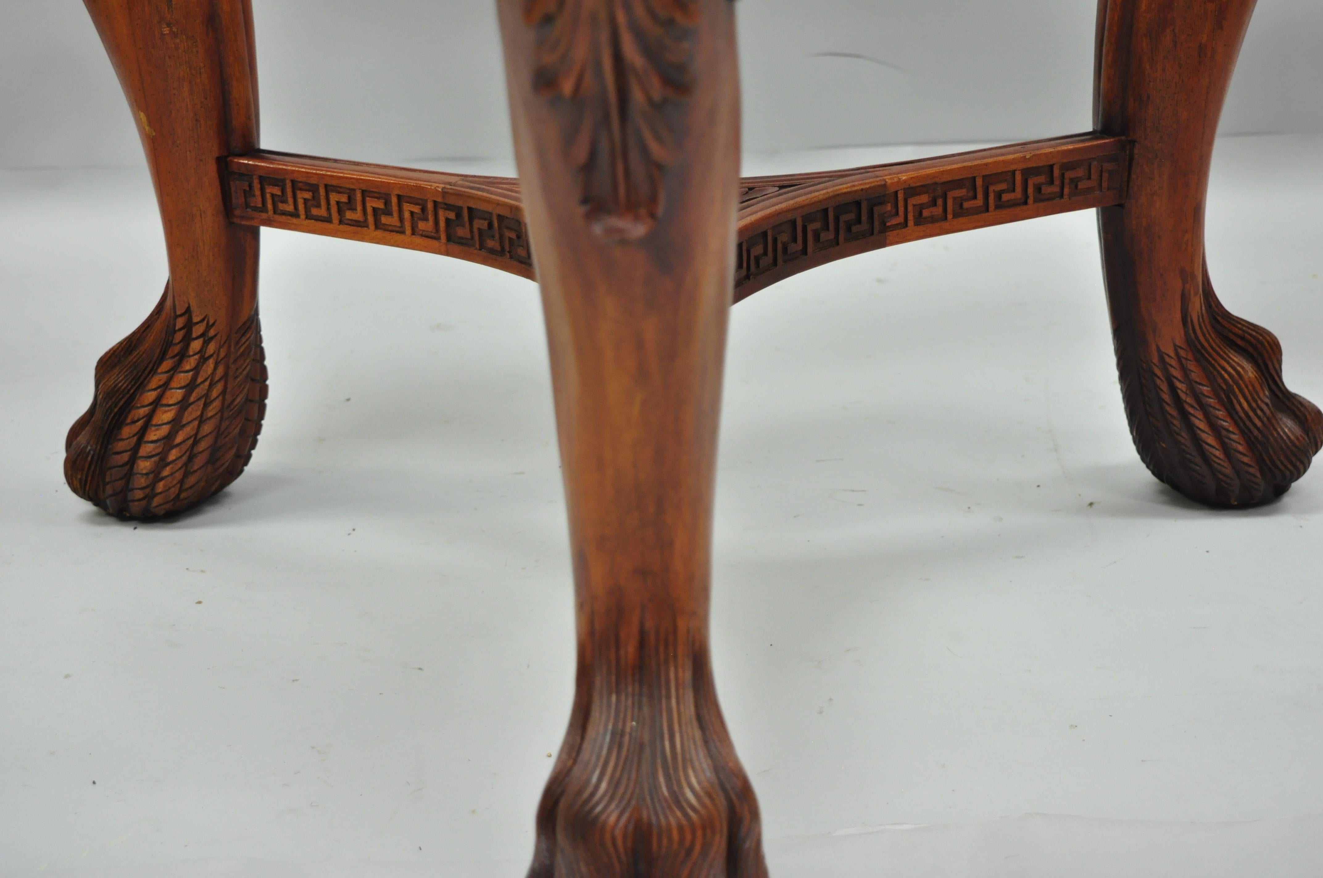 20th Century Chinese Chippendale Mahogany Lion Head Claw Feet Pedestal Dining Table Glass Top