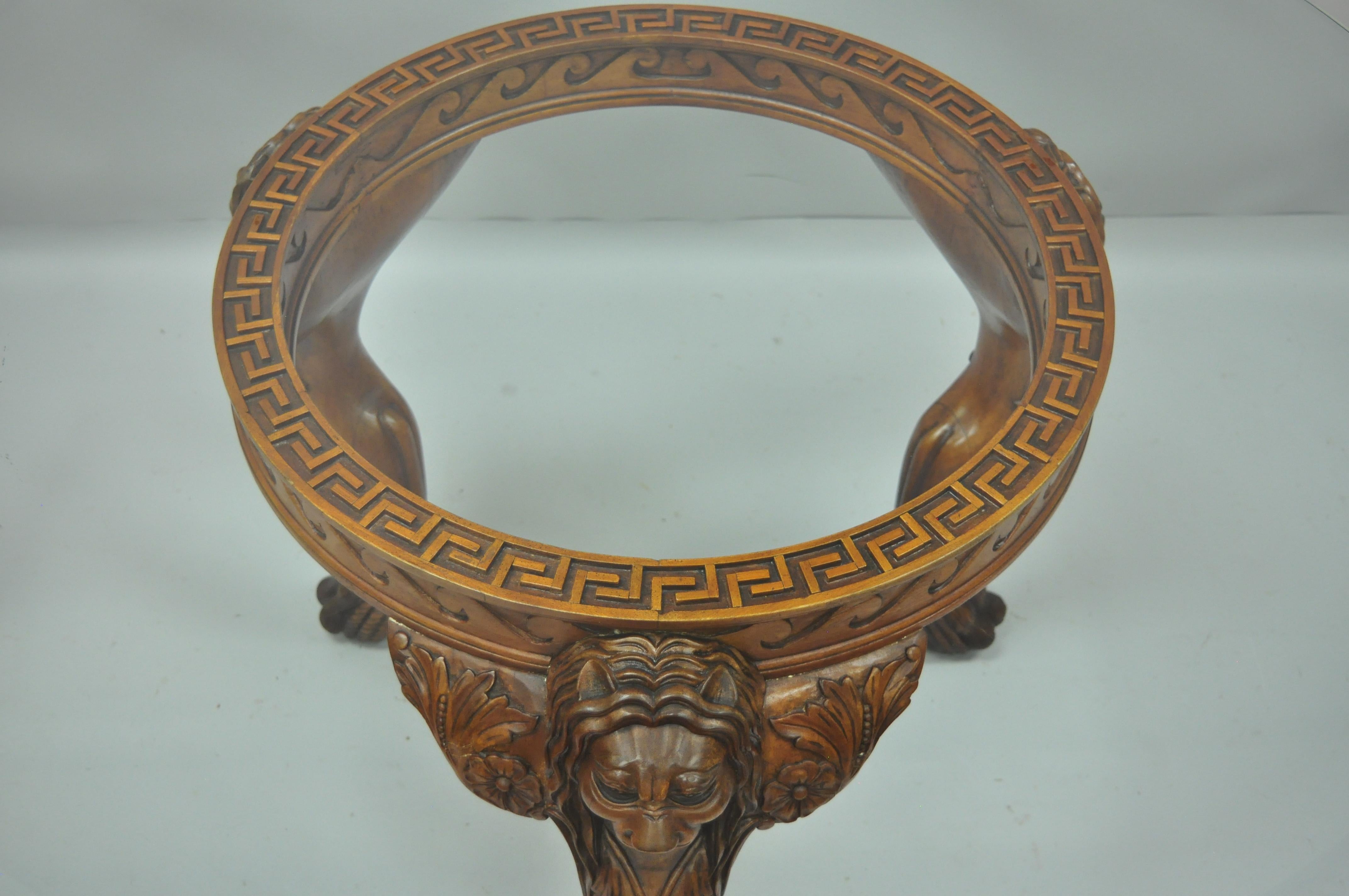 Chinese Chippendale Mahogany Lion Head Claw Feet Pedestal Dining Table Glass Top 1