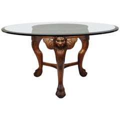 Chinese Chippendale Mahogany Lion Head Claw Feet Pedestal Dining Table Glass Top