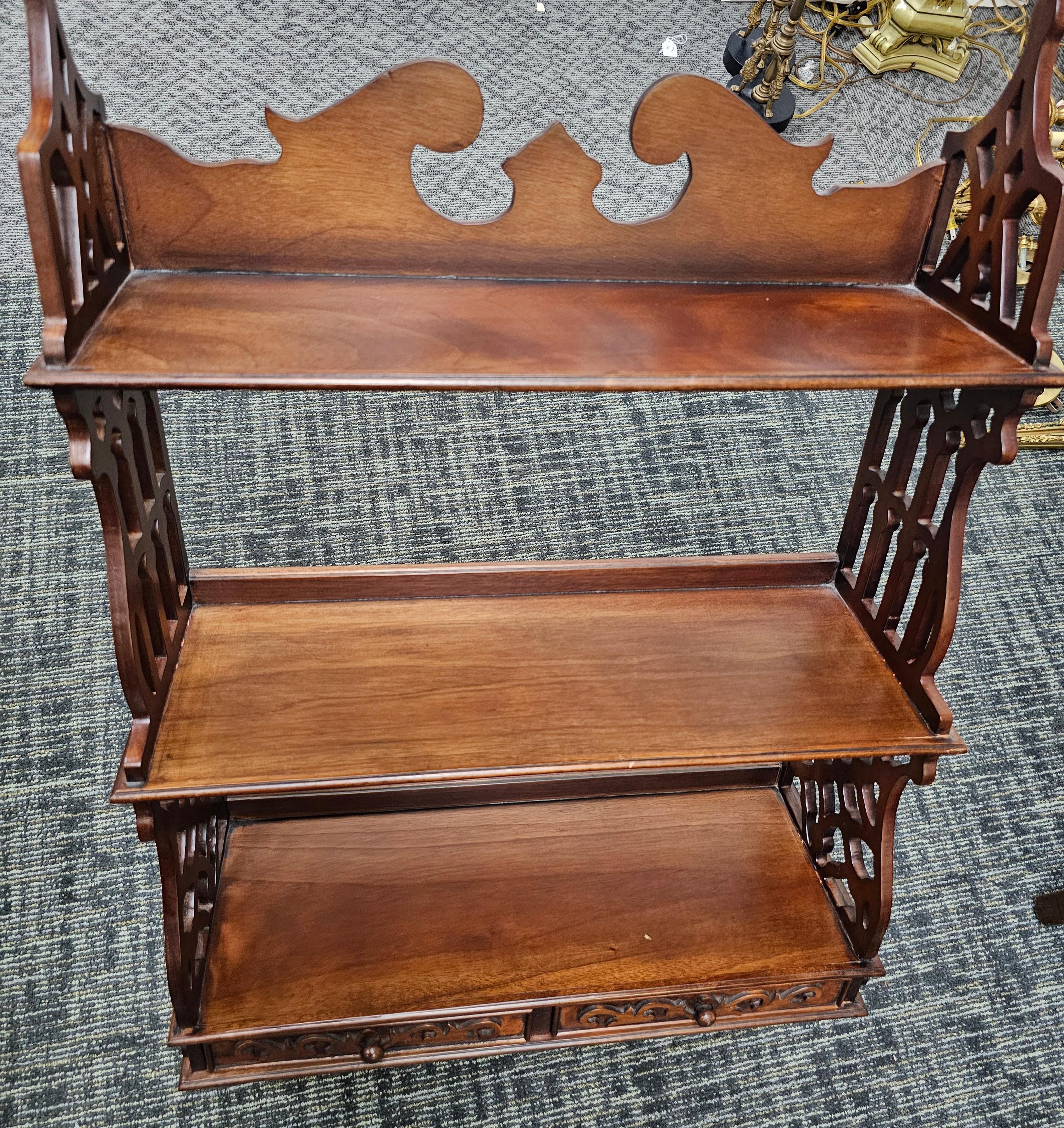 Chinese Chippendale Mahogany Two Drawer Hanging Wall Shelf For Sale 4