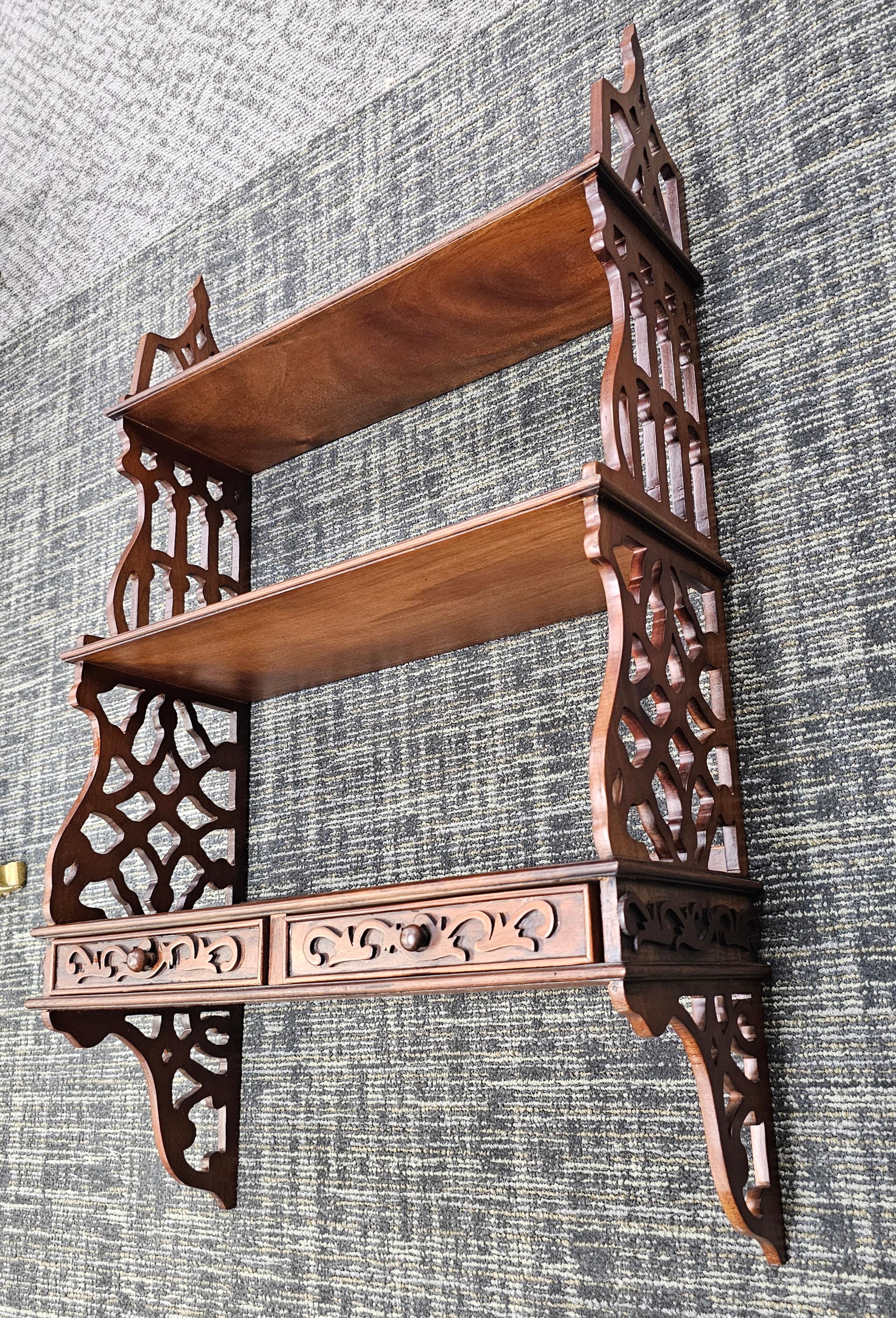 Chinese Chippendale Mahogany Two Drawer Hanging Wall Shelf For Sale 5