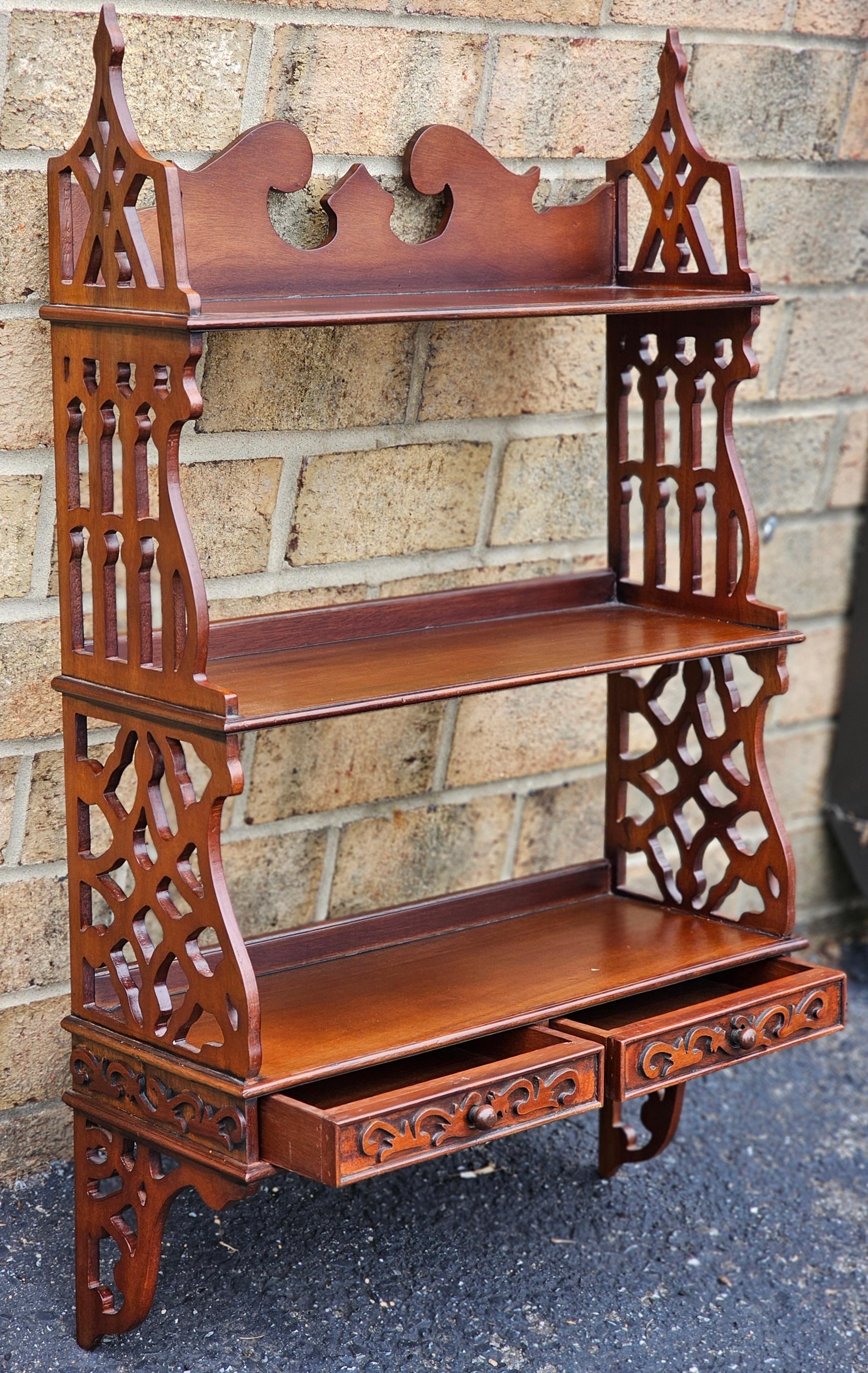Unknown Chinese Chippendale Mahogany Two Drawer Hanging Wall Shelf For Sale