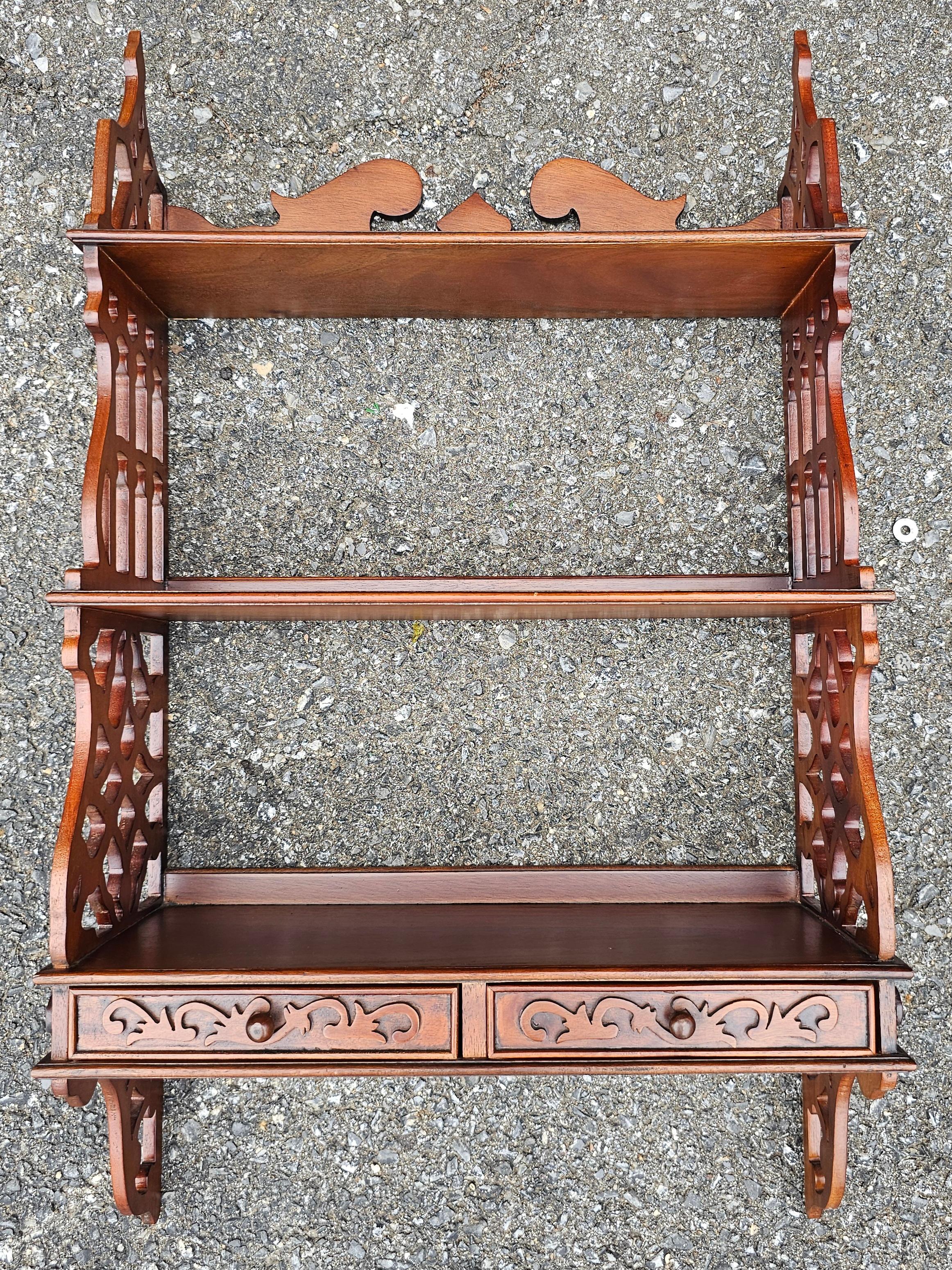 Stained Chinese Chippendale Mahogany Two Drawer Hanging Wall Shelf For Sale