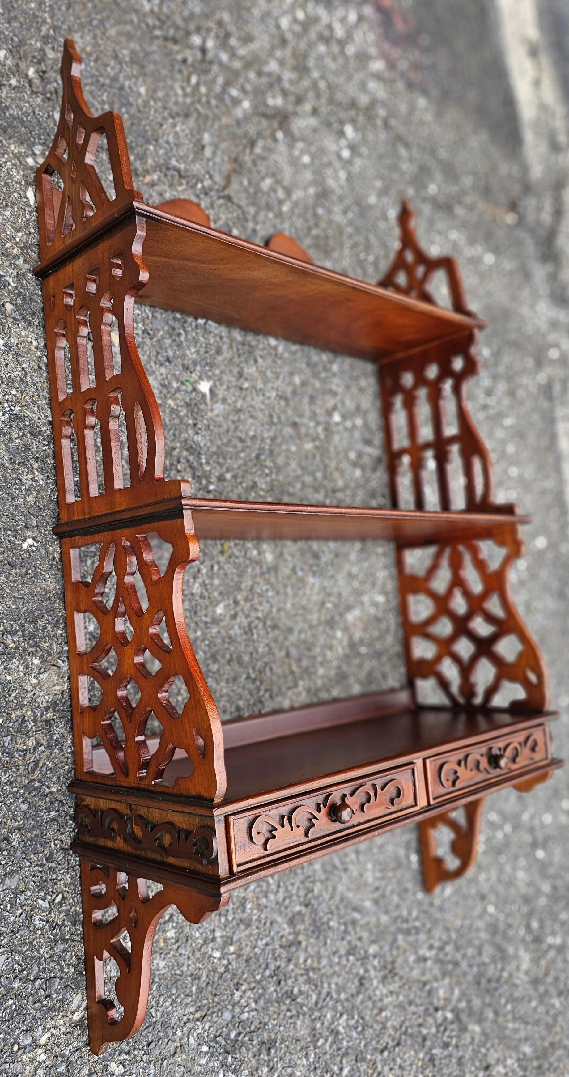 Chinese Chippendale Mahogany Two Drawer Hanging Wall Shelf In Excellent Condition For Sale In Germantown, MD