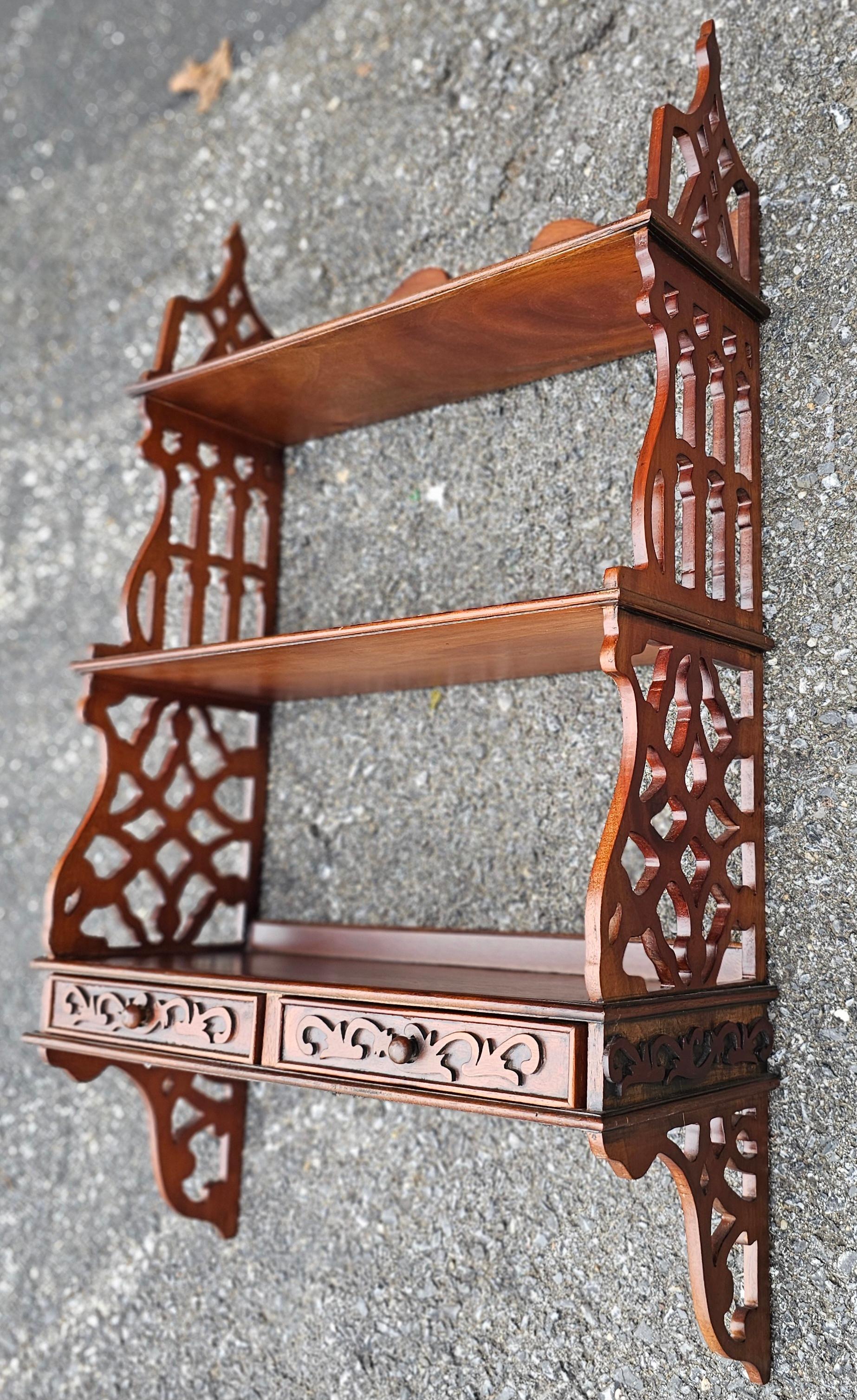 20th Century Chinese Chippendale Mahogany Two Drawer Hanging Wall Shelf For Sale