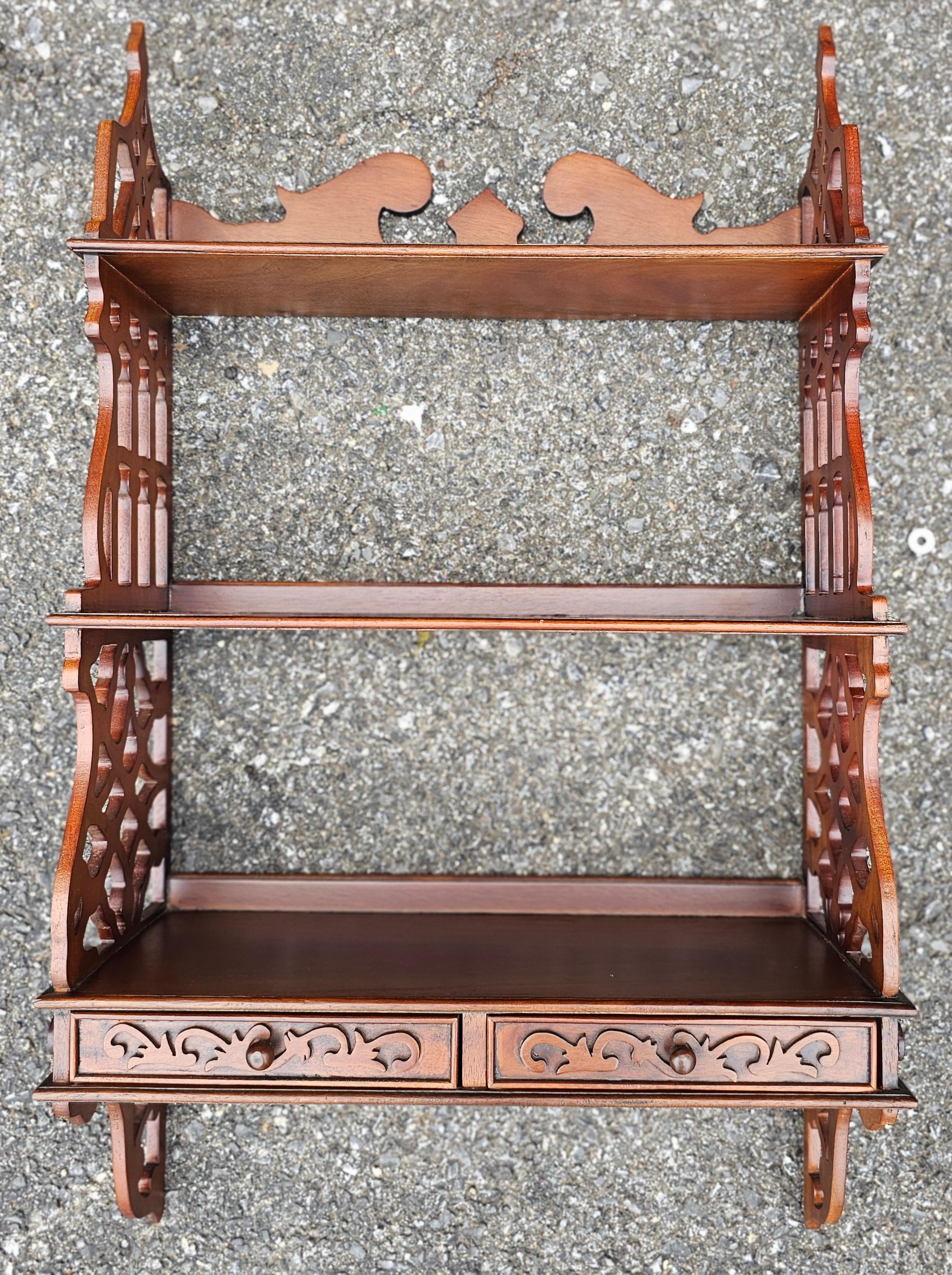 Chinese Chippendale Mahogany Two Drawer Hanging Wall Shelf For Sale 1