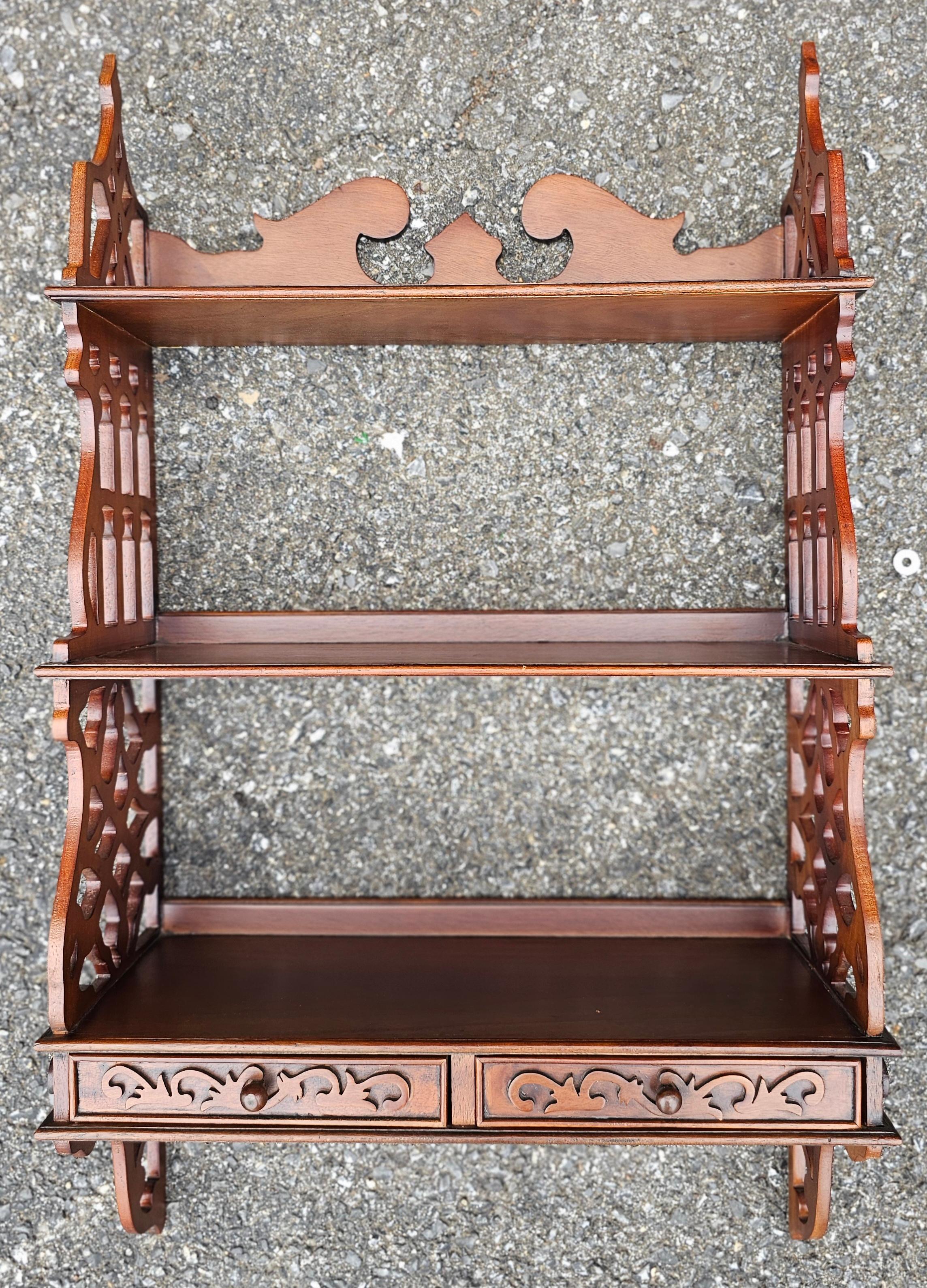Chinese Chippendale Mahogany Two Drawer Hanging Wall Shelf For Sale 2