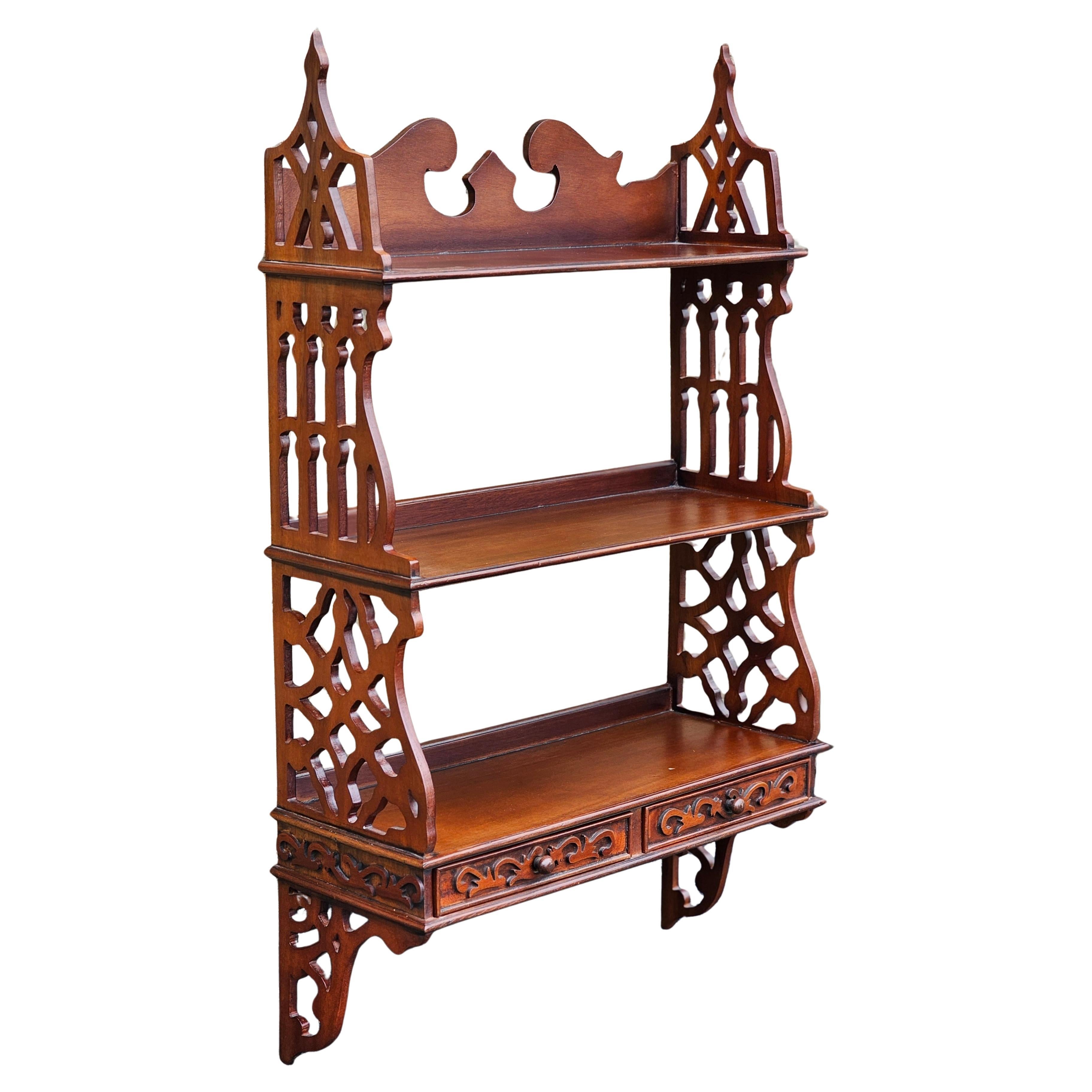 Chinese Chippendale Mahogany Two Drawer Hanging Wall Shelf For Sale