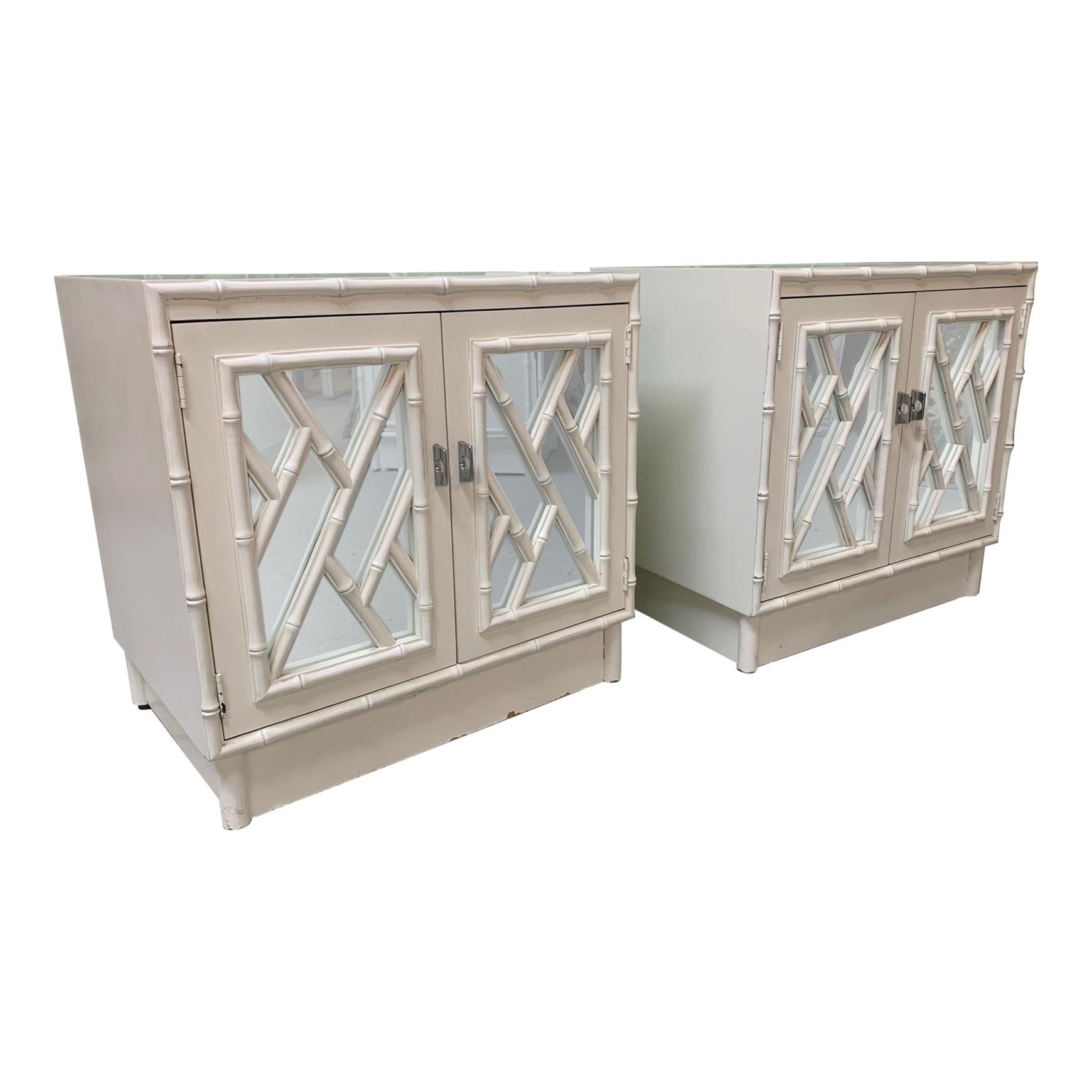 Chinese Chippendale Mirror Front Nightstands, a Pair