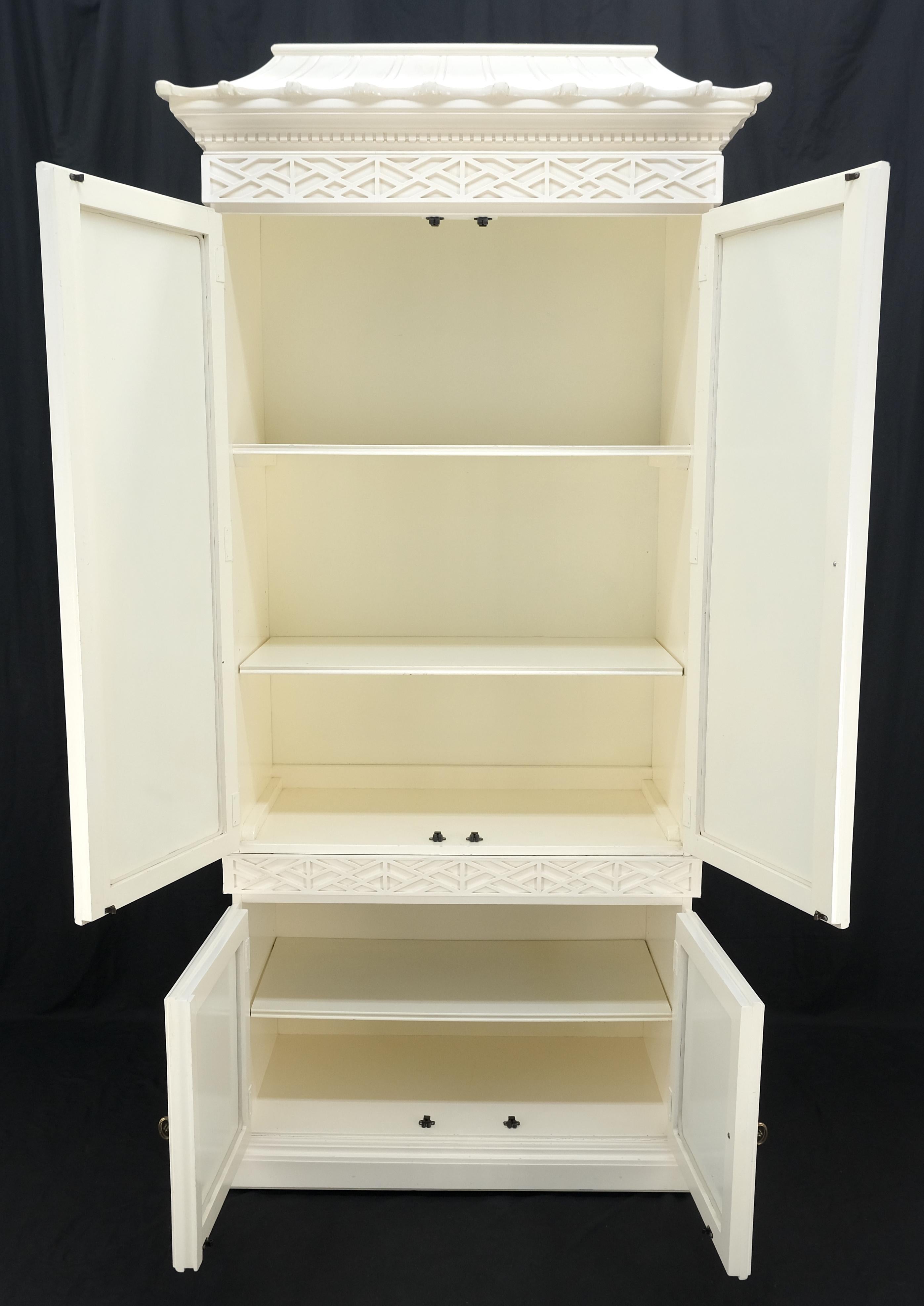 Lacquered Chinese Chippendale Pagoda Shape Mirrored Doors Linens Cabinet Adjustable Shelve For Sale