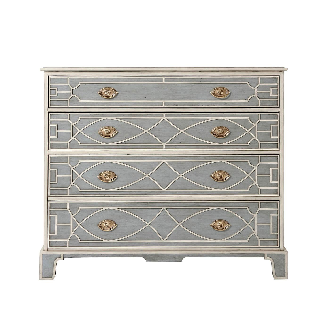 A Chinese Chippendale style painted chest of drawers, the rectangular paneled top, and sides above four blind fret paneled drawers, on similar bracket feet. Inspired by a George III original.

Dimensions: 42