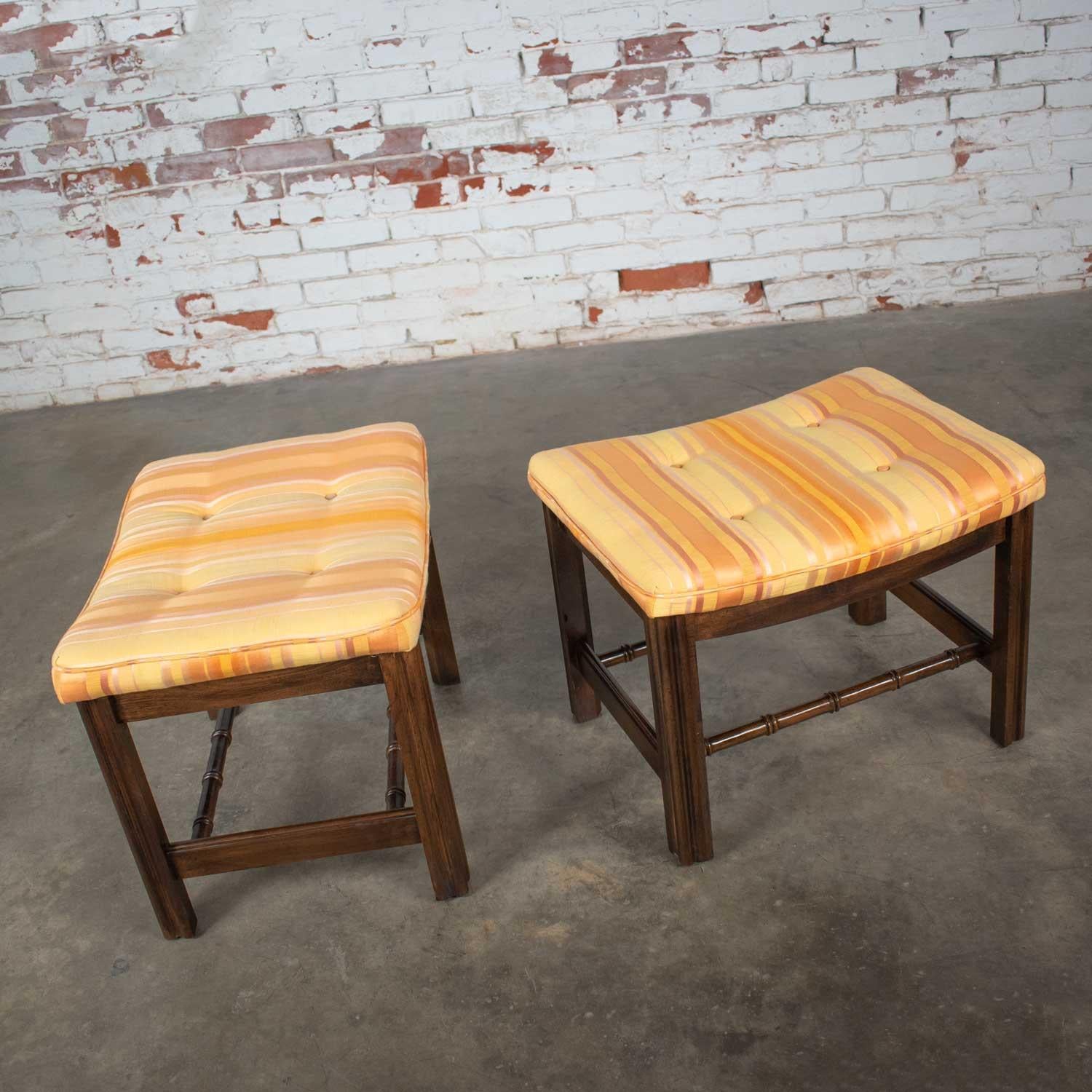 Chinese Chippendale Pair of Foot Stools in Orange and Yellow Stripe Upholstery 3
