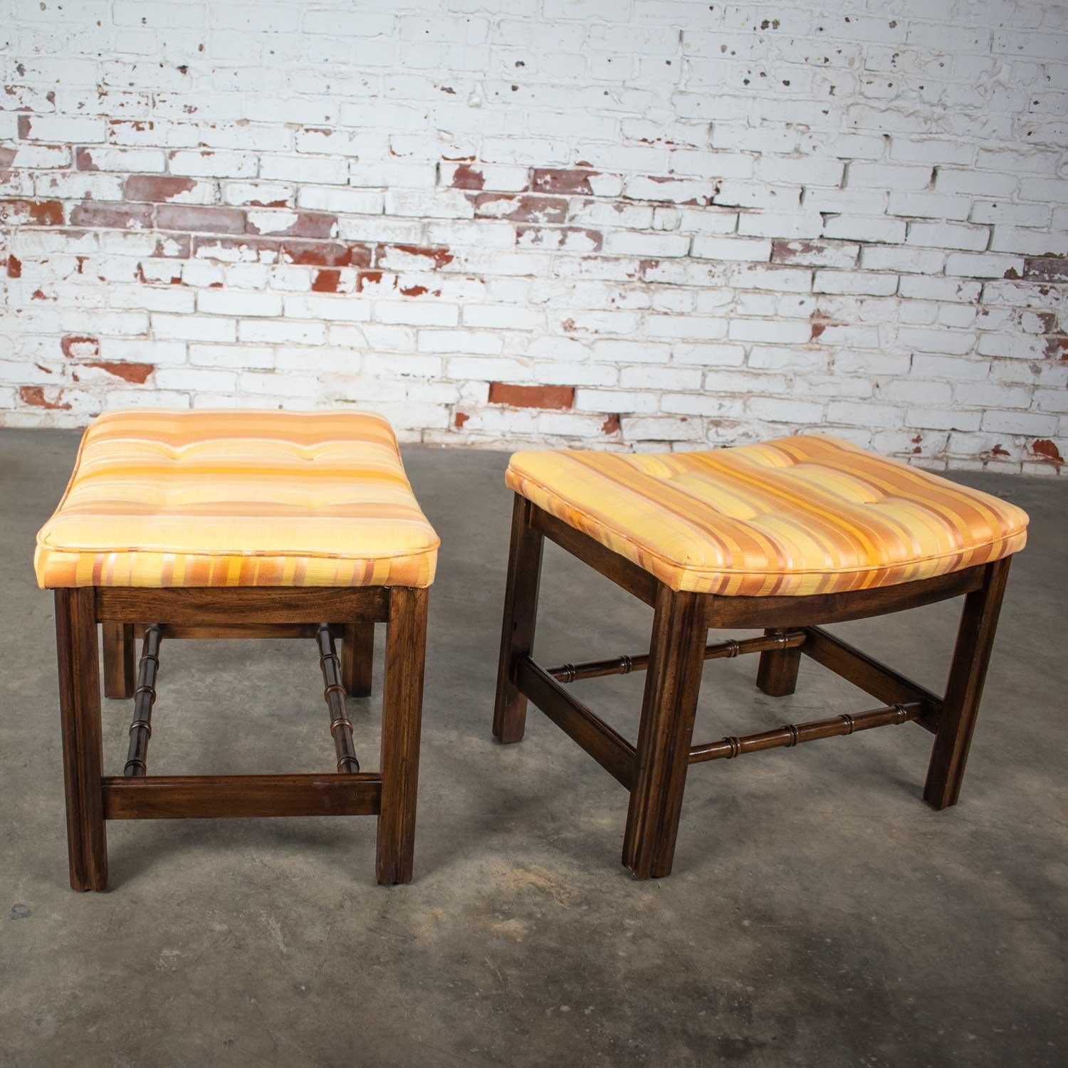 Chinese Chippendale Pair of Foot Stools in Orange and Yellow Stripe Upholstery 4