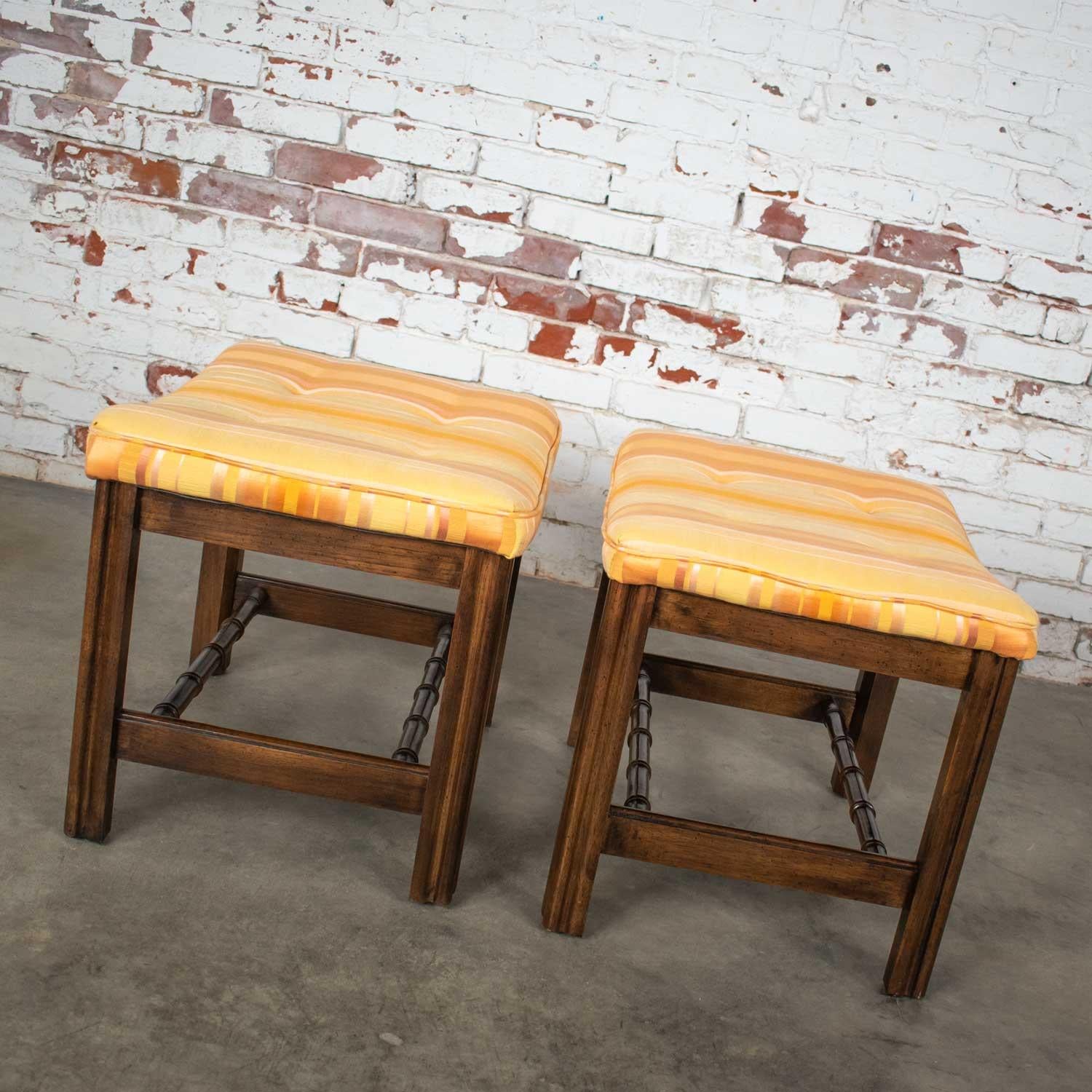 Unknown Chinese Chippendale Pair of Foot Stools in Orange and Yellow Stripe Upholstery
