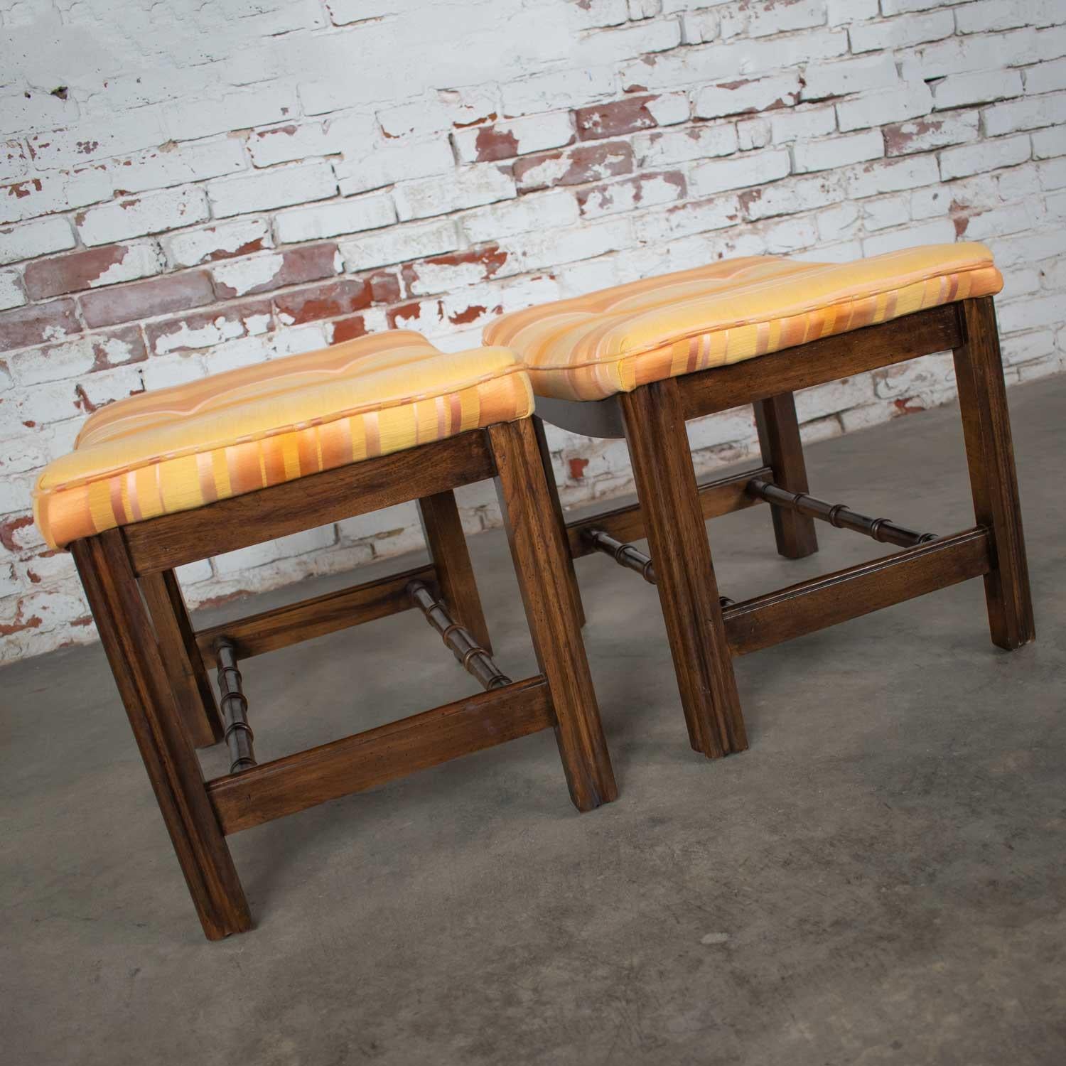 20th Century Chinese Chippendale Pair of Foot Stools in Orange and Yellow Stripe Upholstery