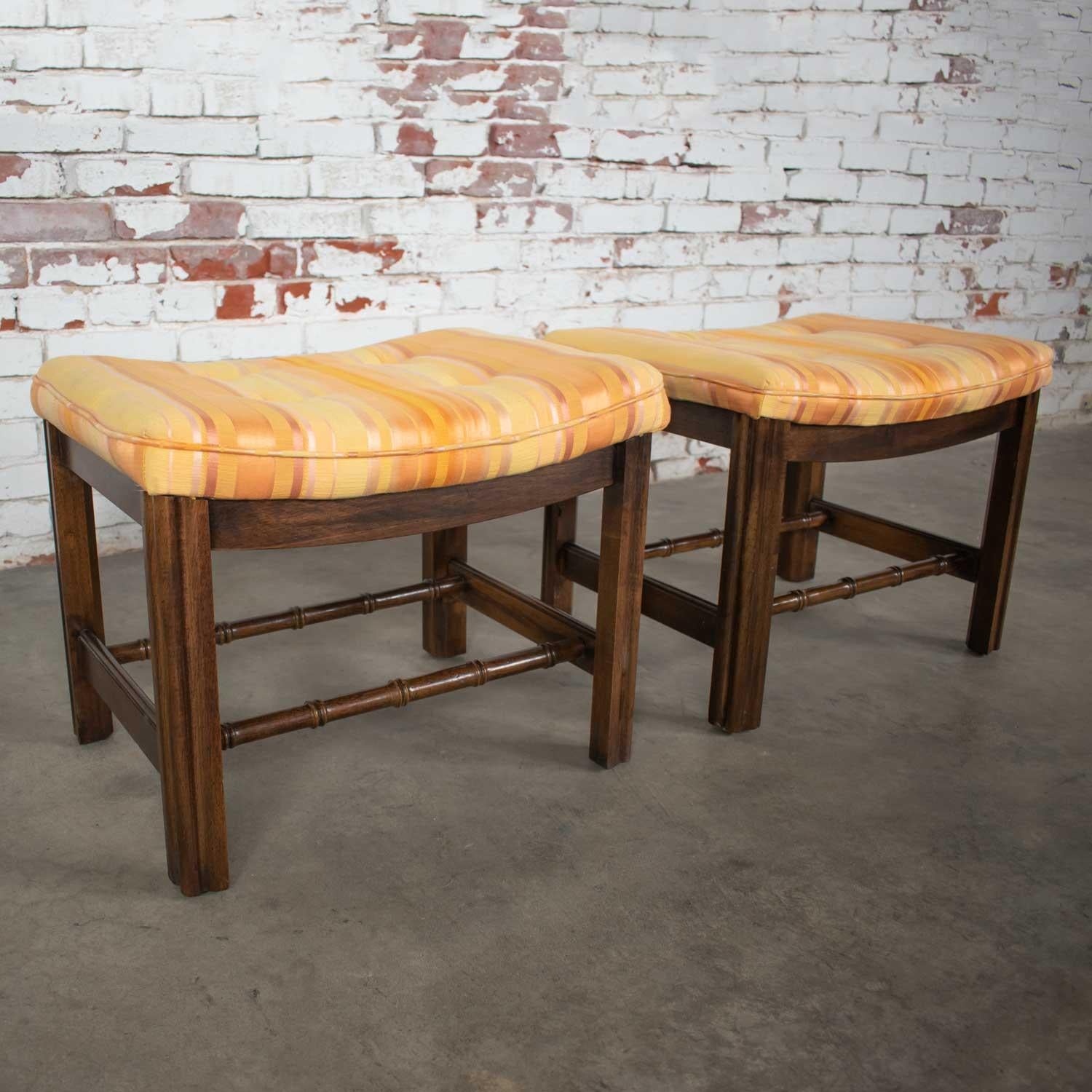 Fabric Chinese Chippendale Pair of Foot Stools in Orange and Yellow Stripe Upholstery