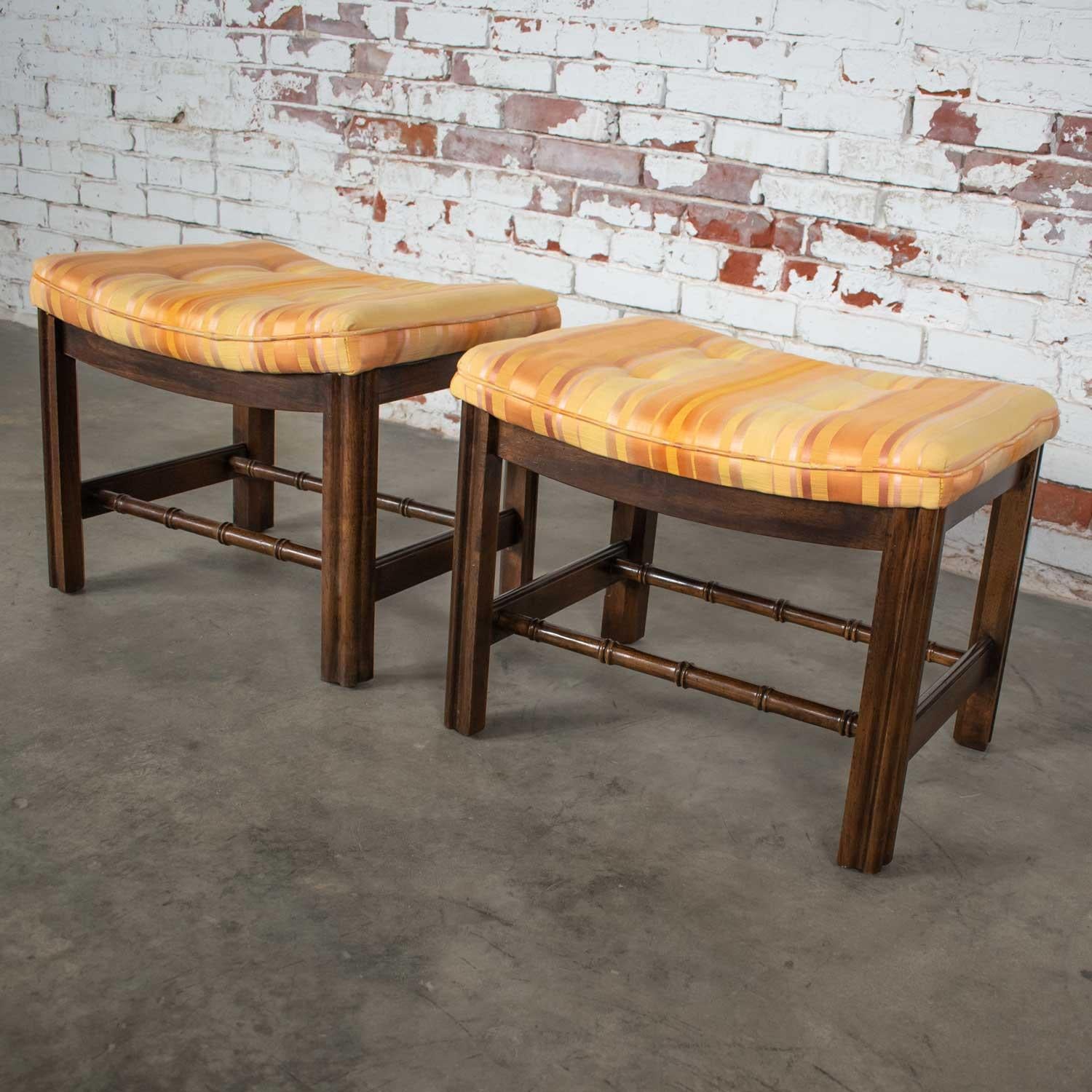 Chinese Chippendale Pair of Foot Stools in Orange and Yellow Stripe Upholstery 1
